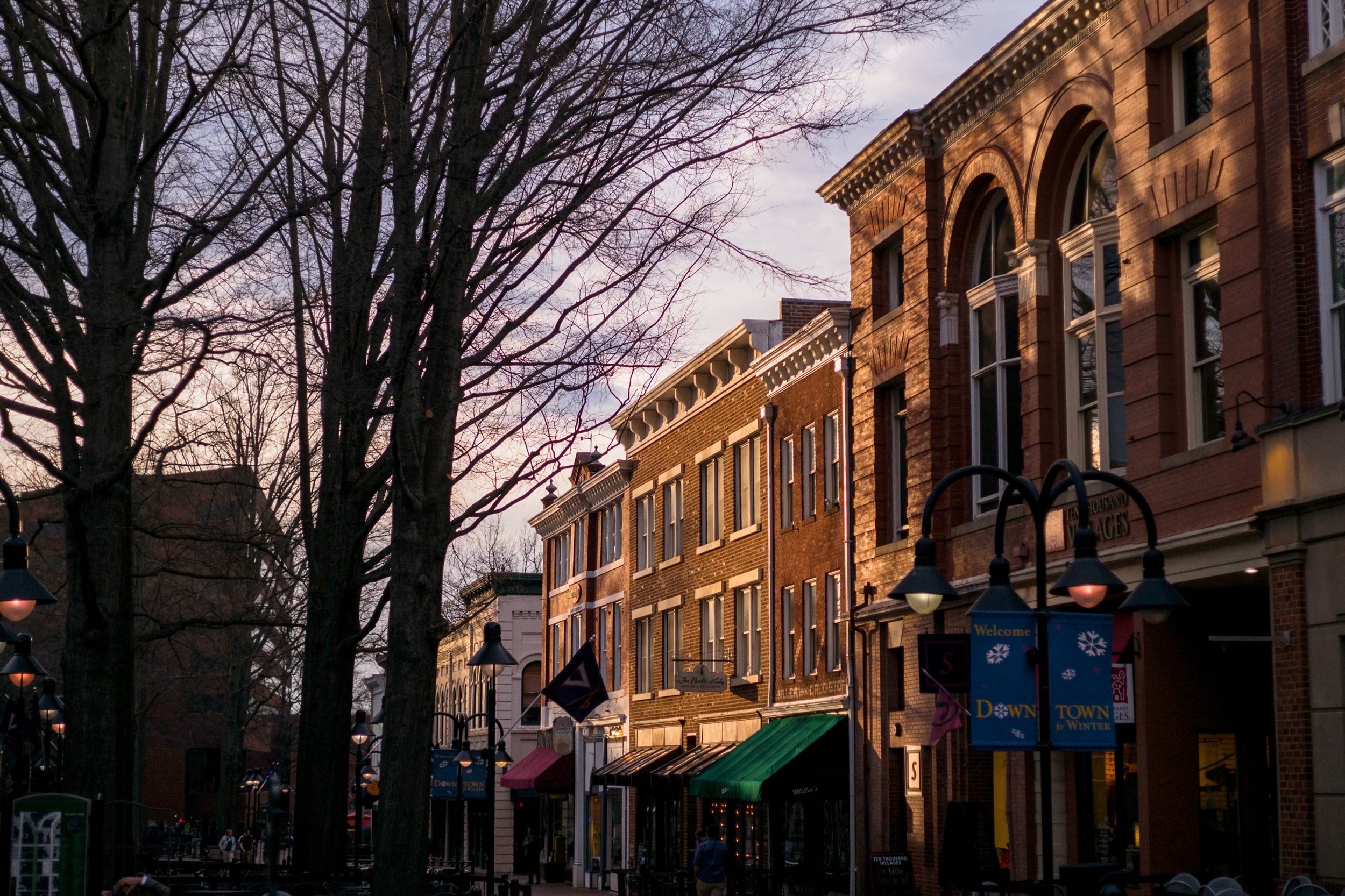 Charlottesville’s Downtown Mall at dusk. 