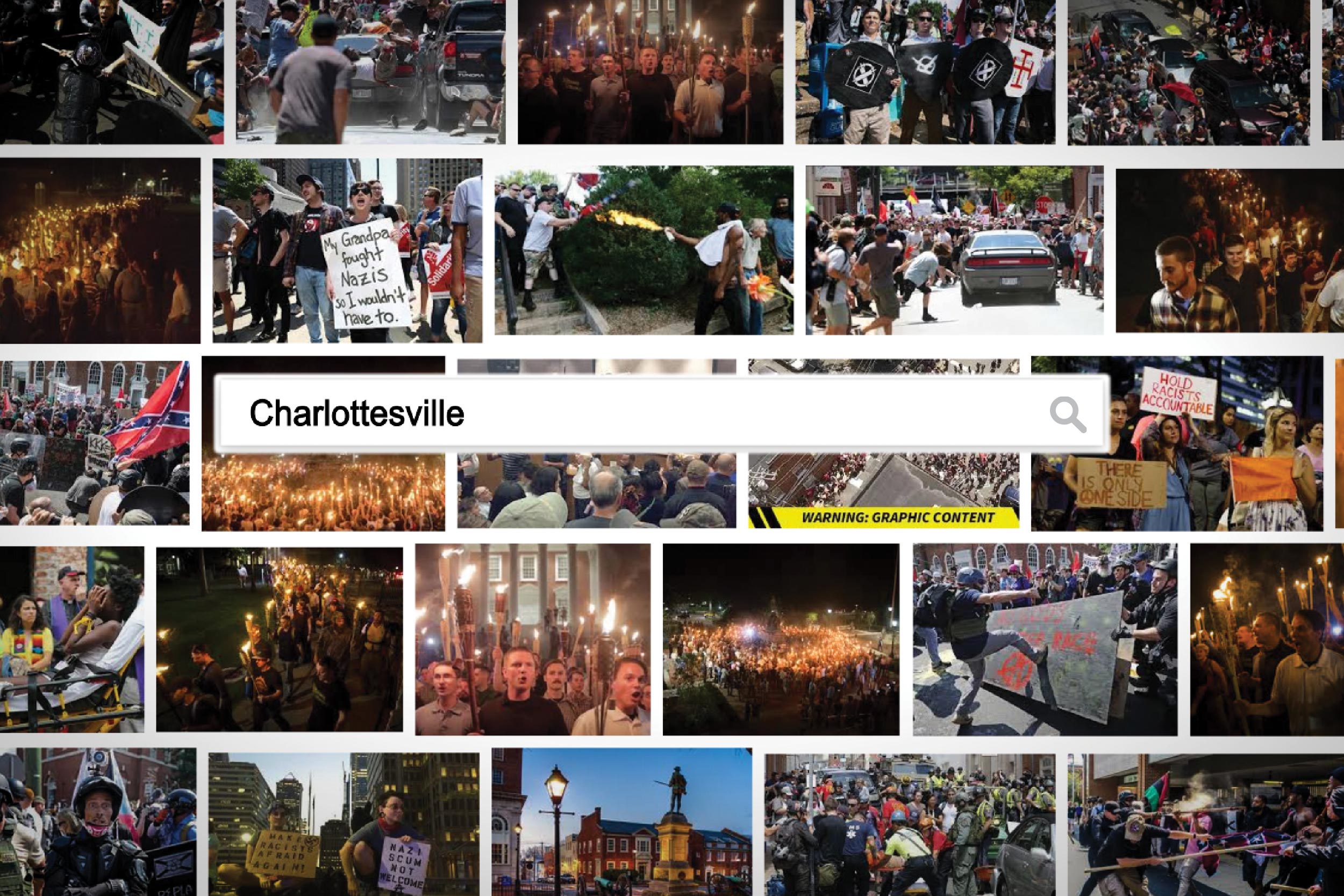 collage of images from Charlottesville protests with a search bar and text in the search bar says Charlottesville