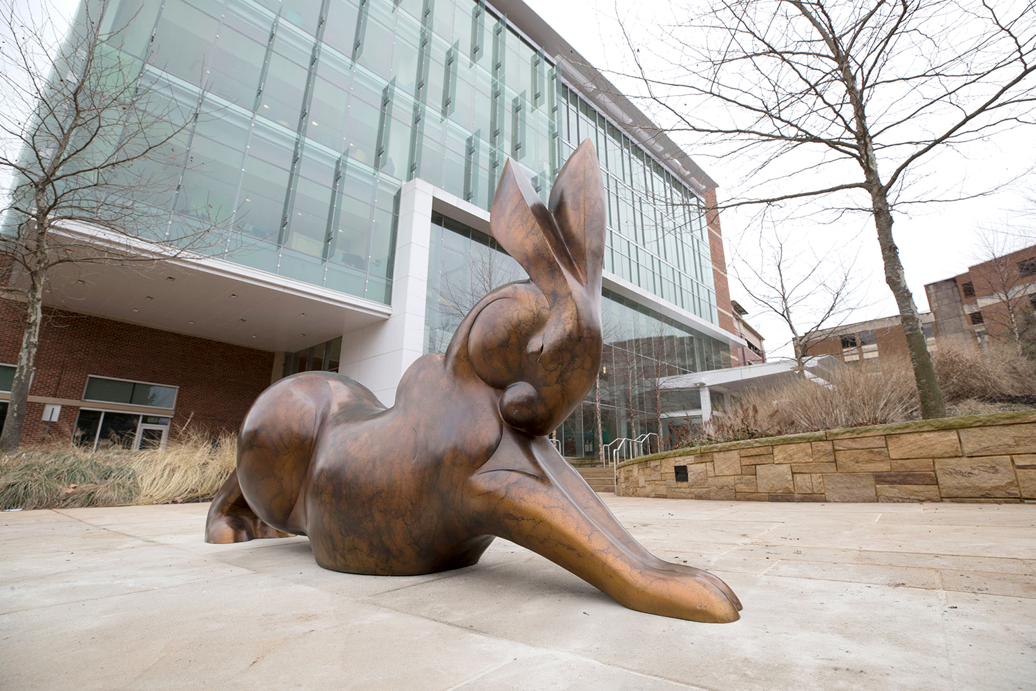 Stretching bunny sculpture outside of the Battle building