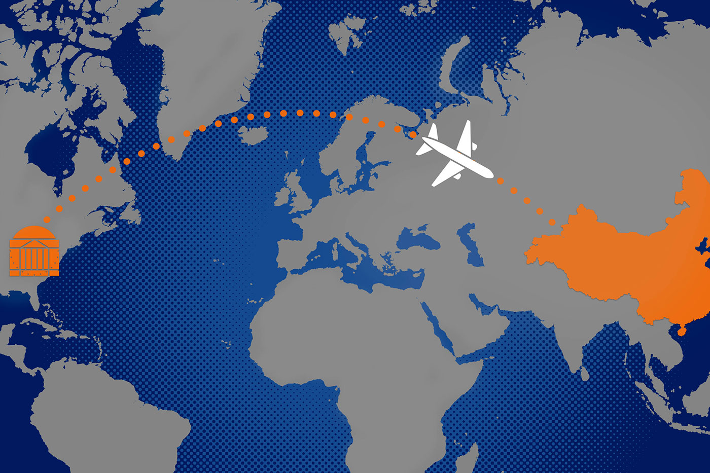 Illustration of world map. The uva rotunda icon is over the US and a dotted line points to a plane flying to China