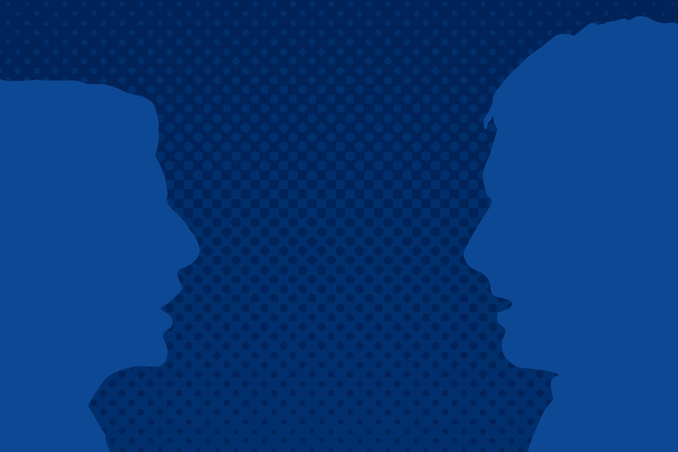 Light blue profile view of faces with a dark blue box patter space between them