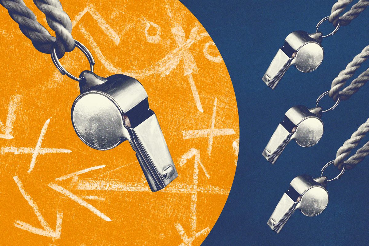 left: metal whistle on a rope with an orange background.  Right: three metal whistles line the the right side all on their own rope