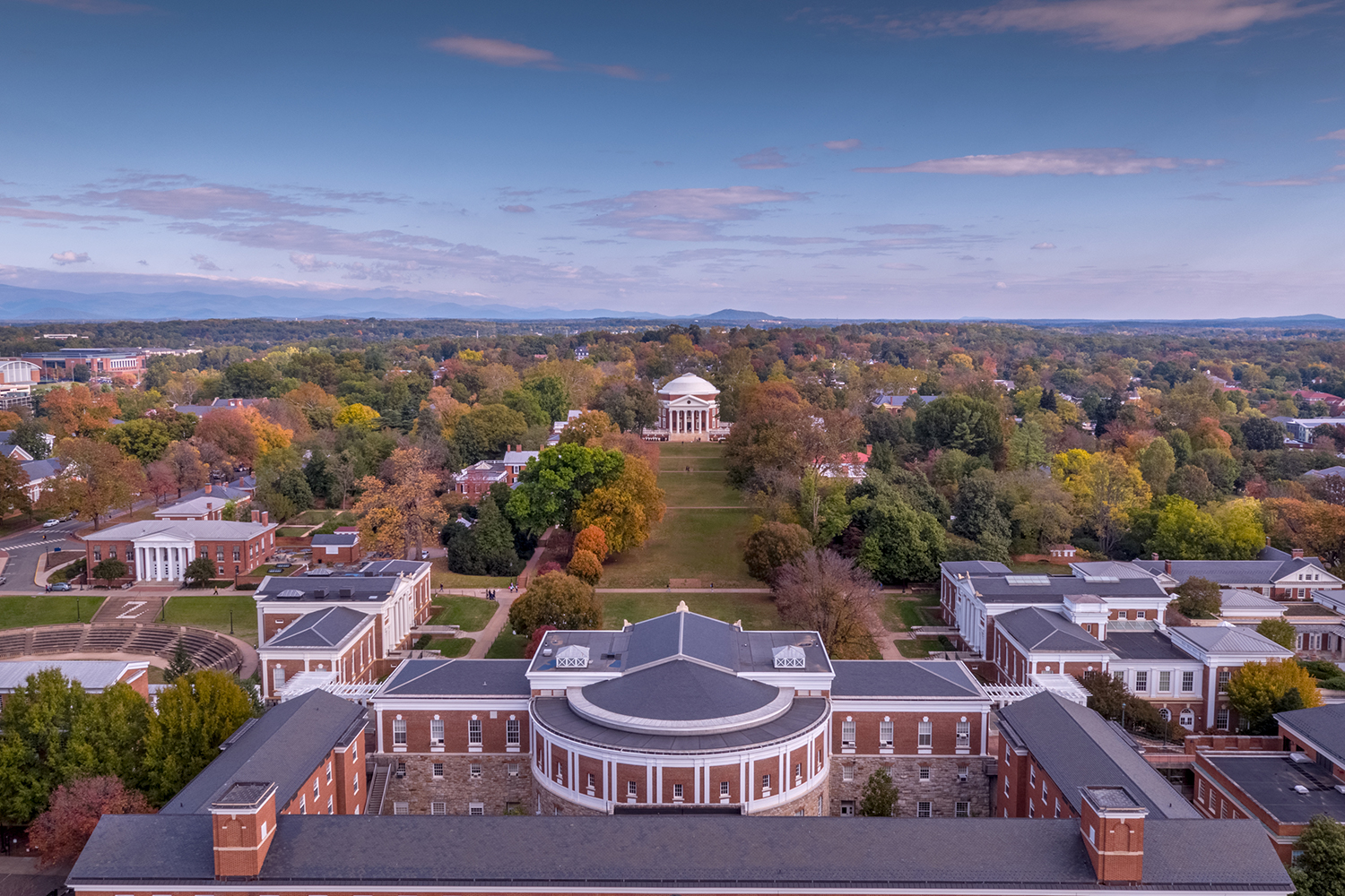 Aerial View of the Rotunda and lawn from Cabell hall