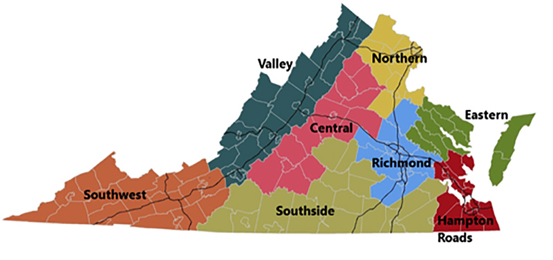 Virginia colored by districts