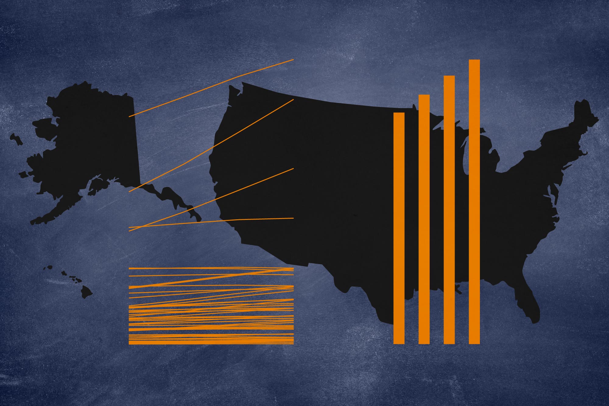 Map of the United States with random orange bars