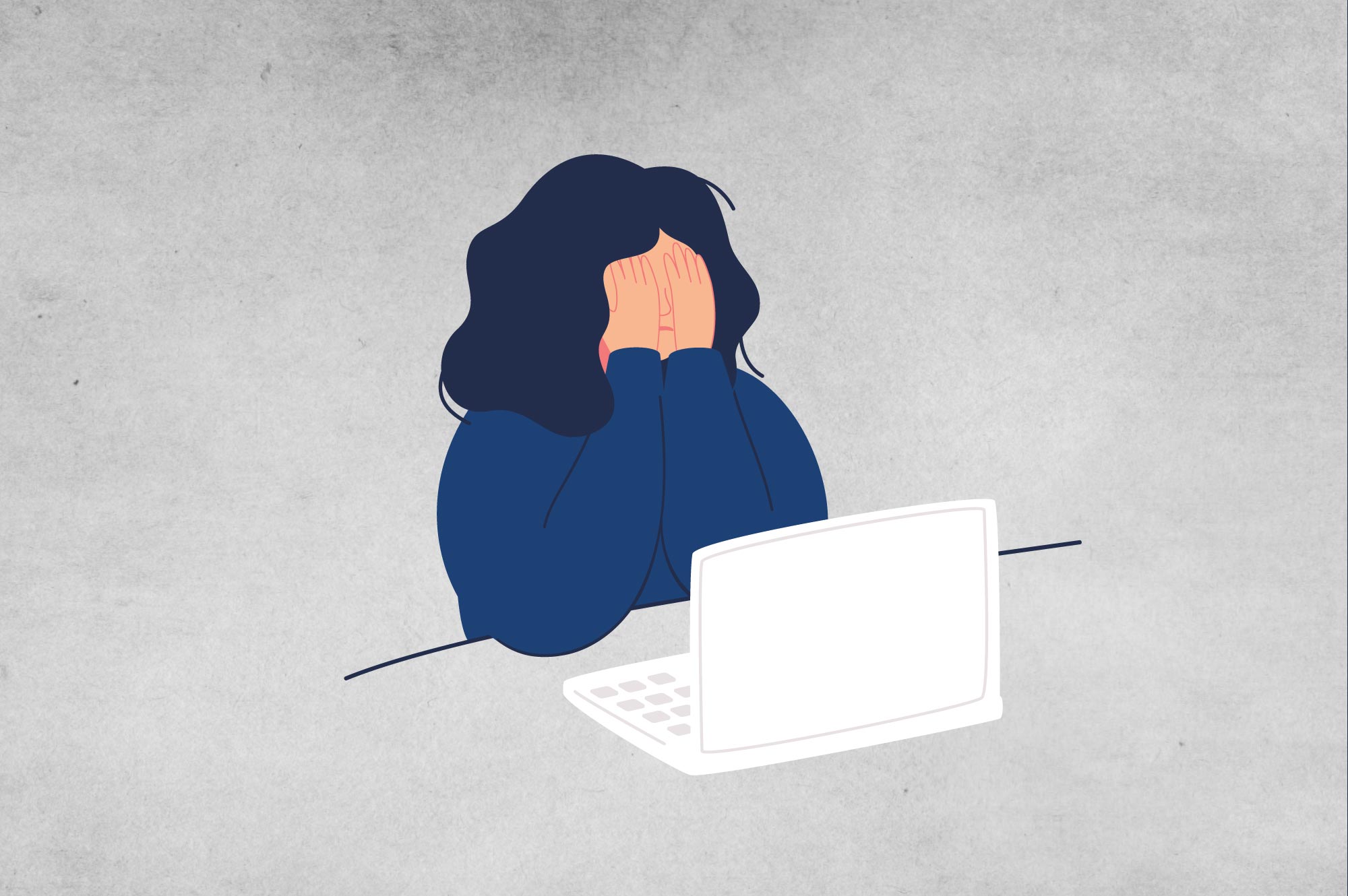 illustration of a woman sitting at a table with hands on her face and a white laptop on the table