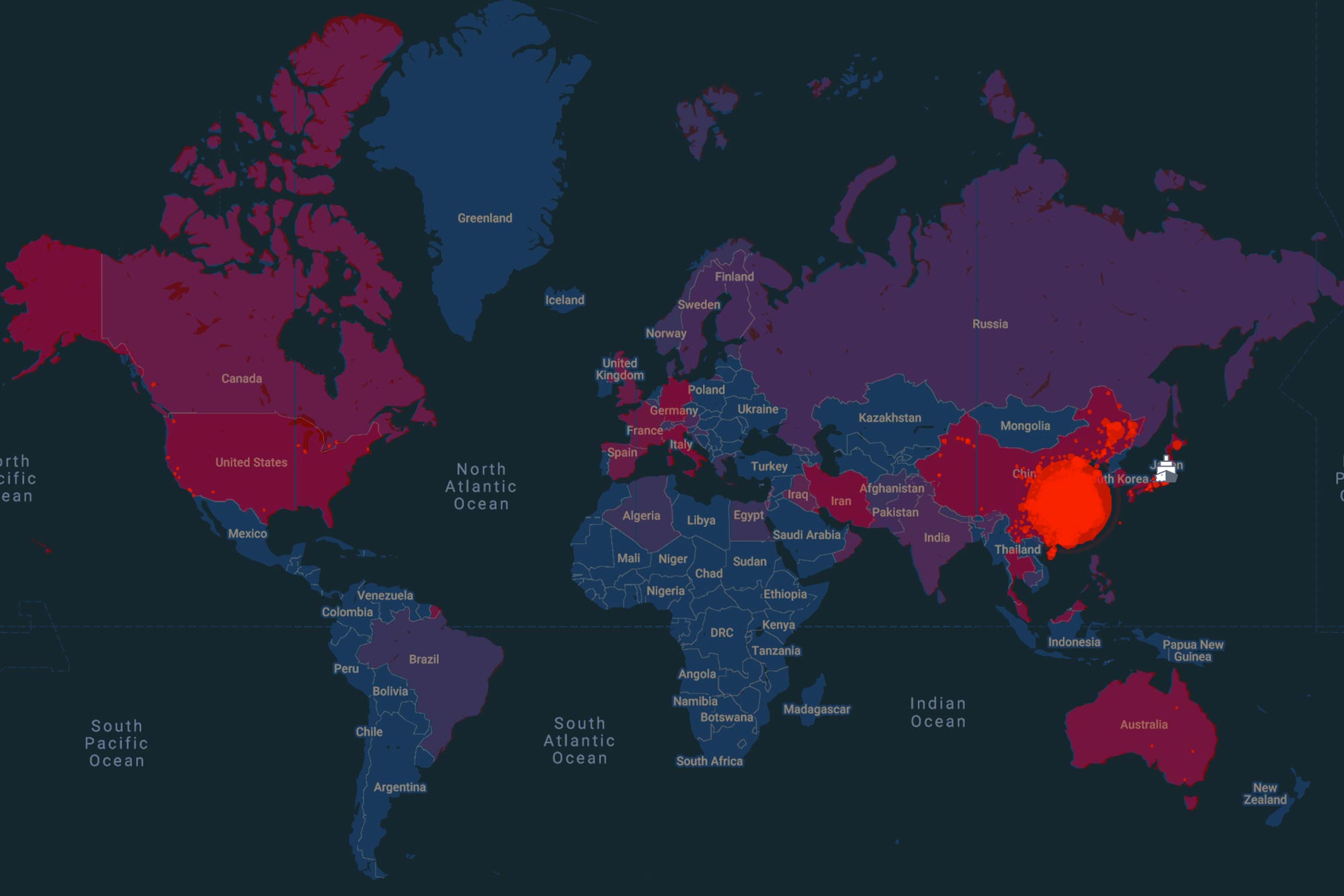 Map of the world with countries in different colors based on the covid-spread. colors range from dark blue, purple, red, and magenta