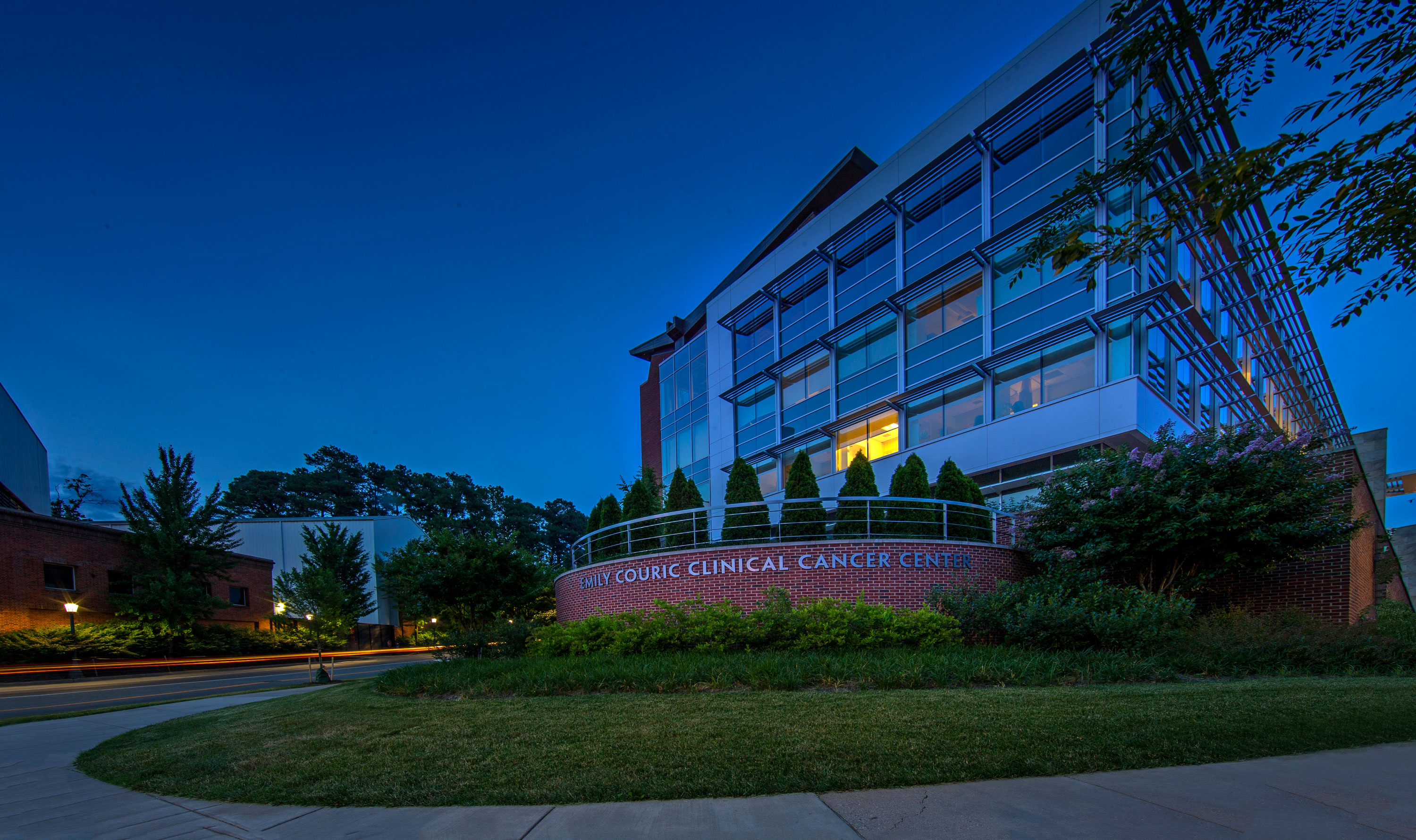 Emily Couric Cancer Center at night lit up