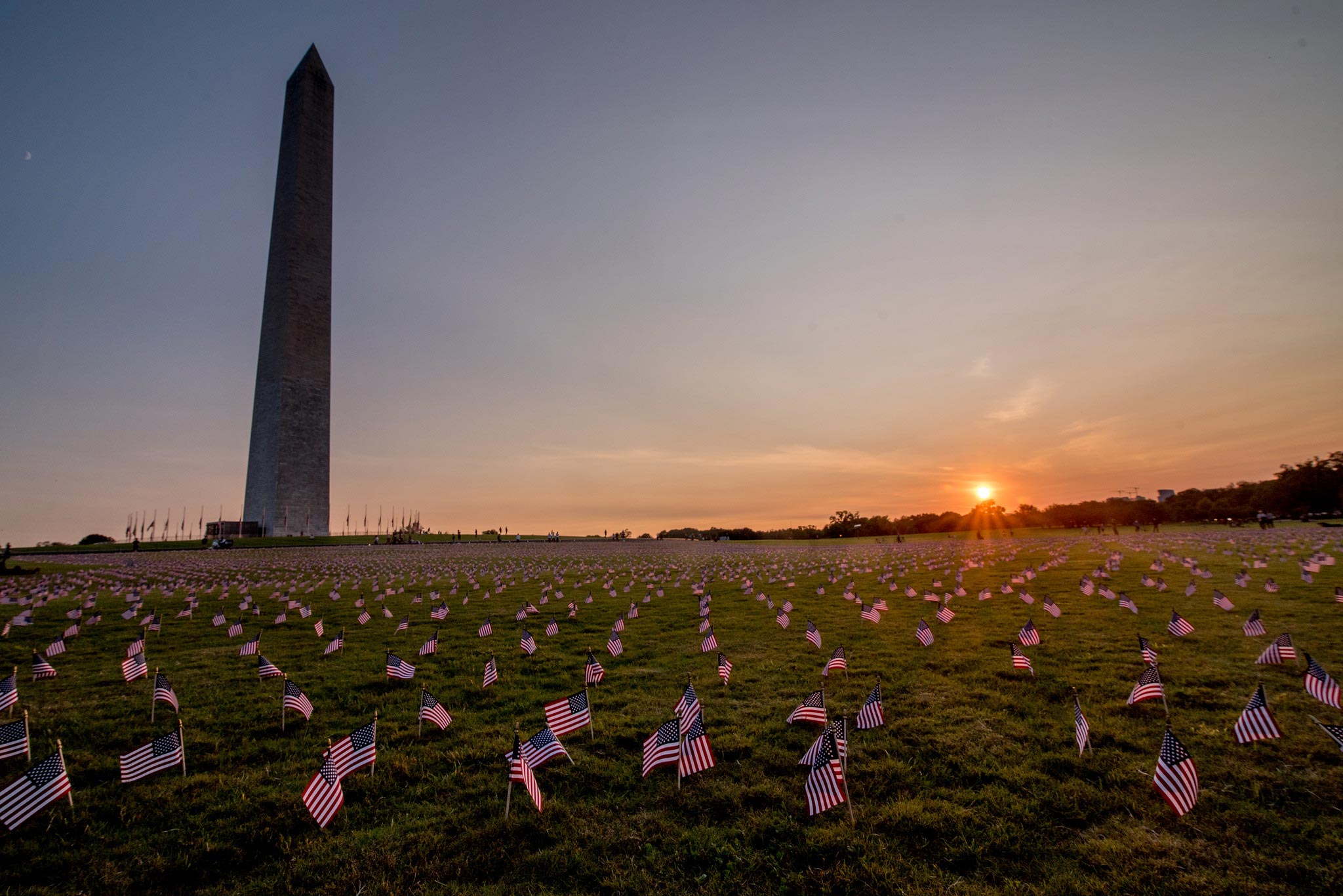 Washington monument in the background while the Washington Monument Grounds are Covered in American Flags