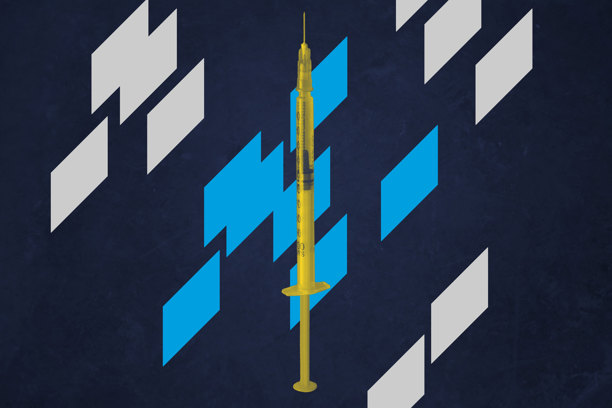 Illustration.  Dark blue back ground with random rhombuses and a yellow syringe in the middle as tall as the image height