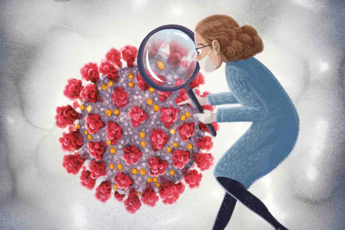 Illustration of a woman holding a huge magnifying glass inspecting an even bigger covid-19 molecule while touching it with her right hand
