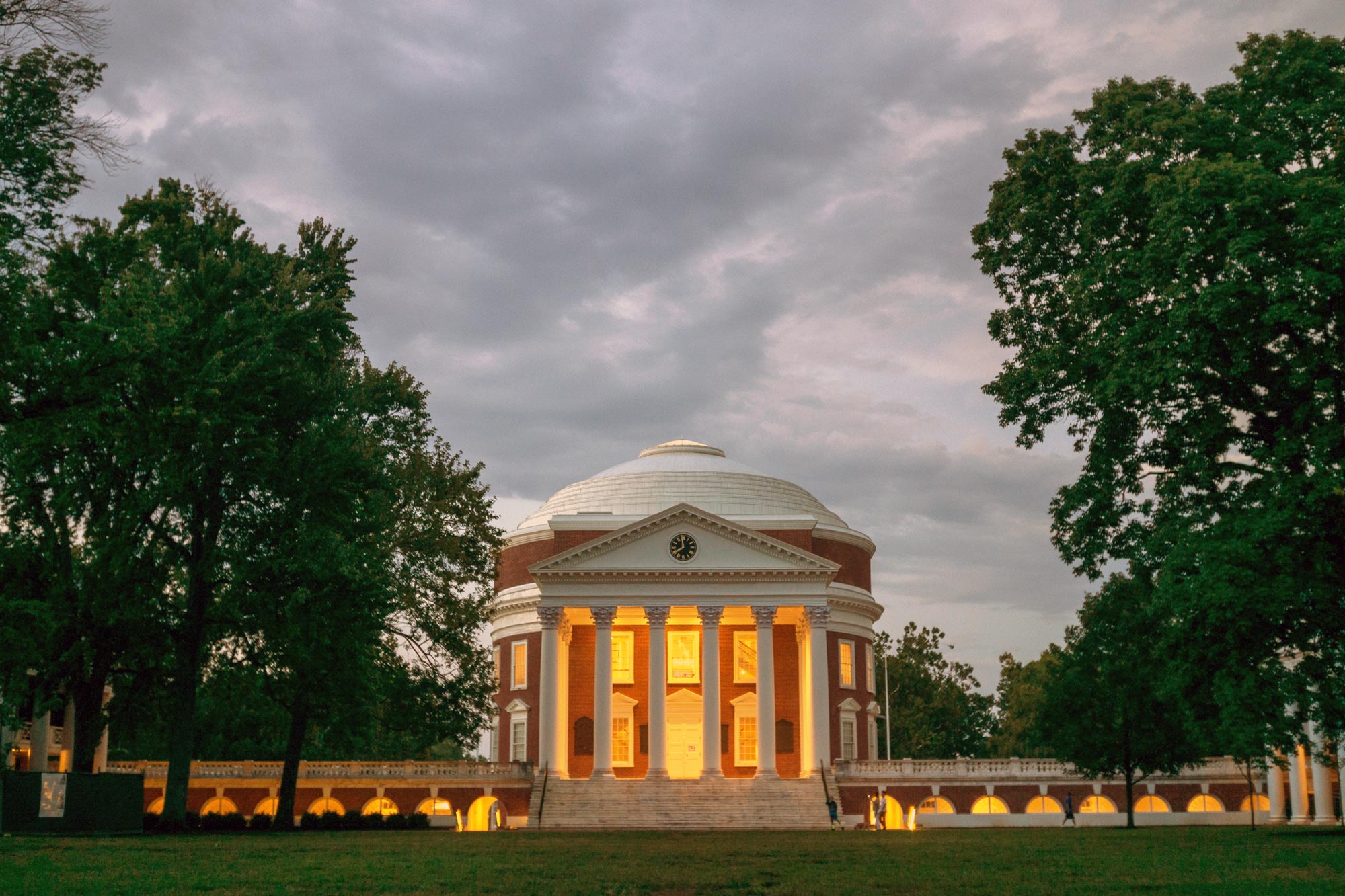 Rotunda lit up by lights at dusk