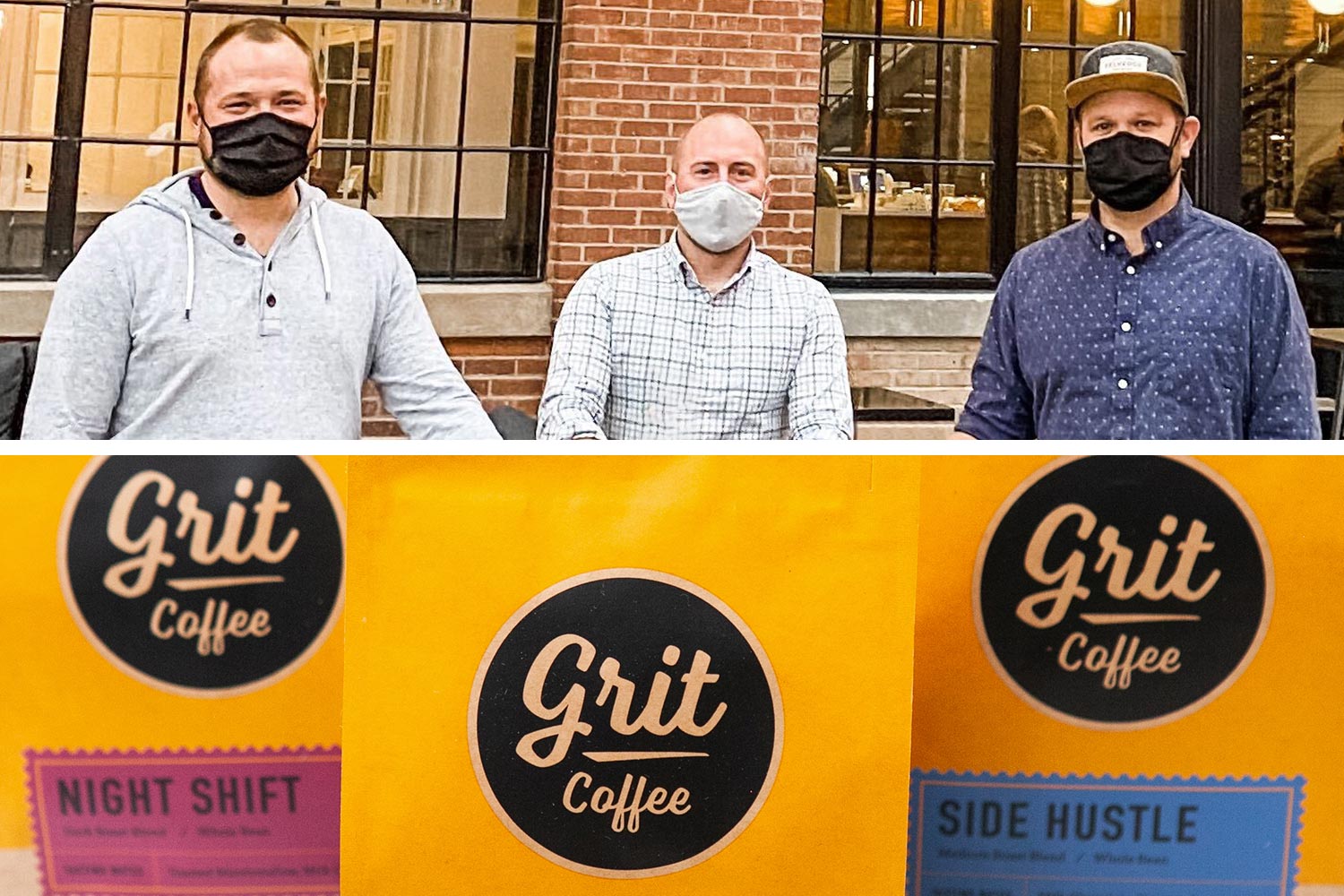 Headshots of alumni Brad Uhl, Dan FitzHenry and Brandon Wooten’s on top and the bottom has pictures of Grit Coffee in bags