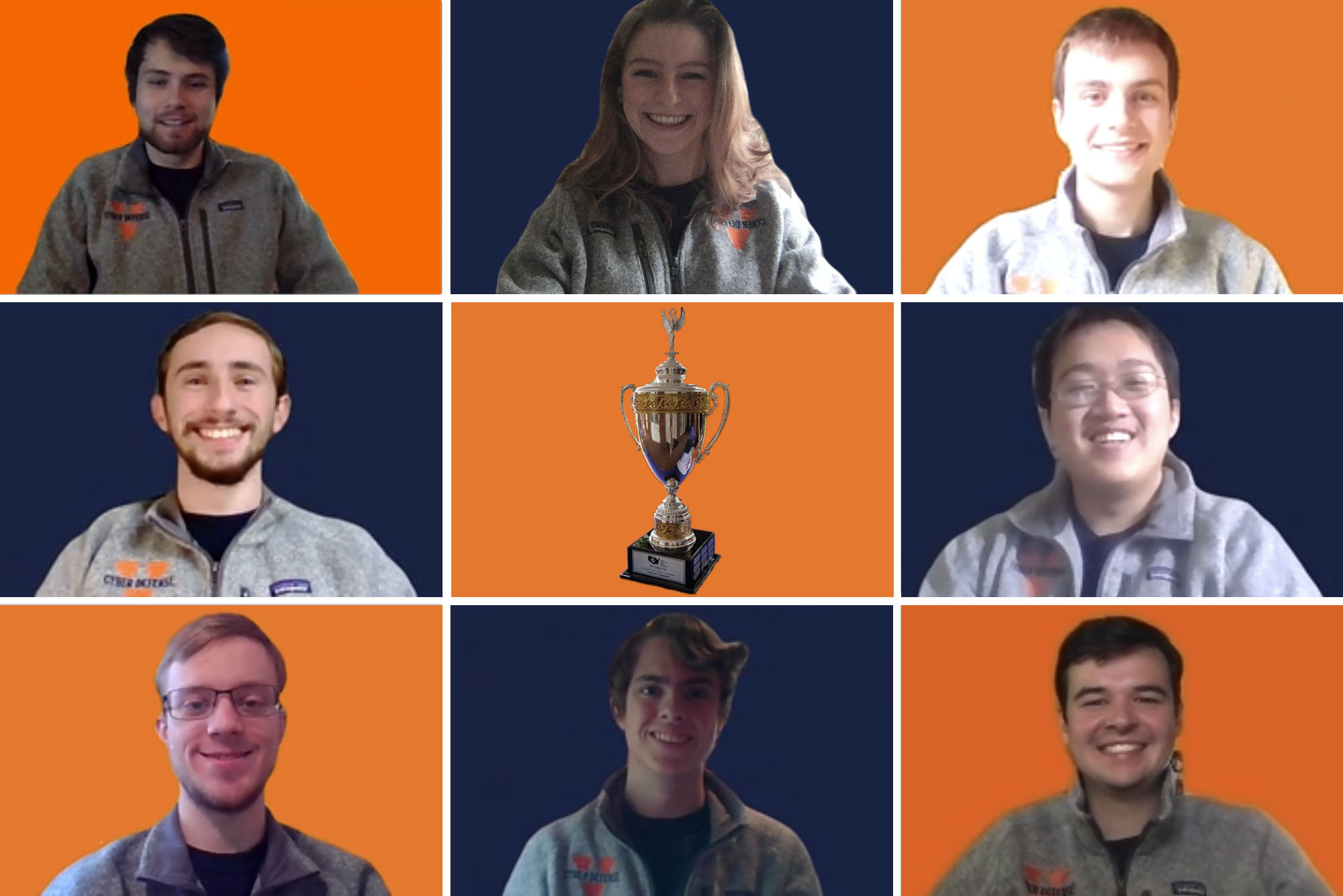 Collage of 8 peoples headshots and in the very middle is a trophy
