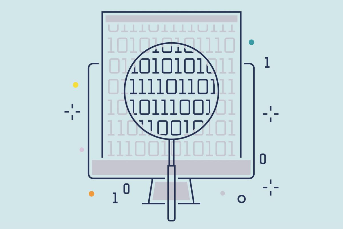 Illustration of a computer monitor with a magnifying glass magnifying the ones and zeros on the screen