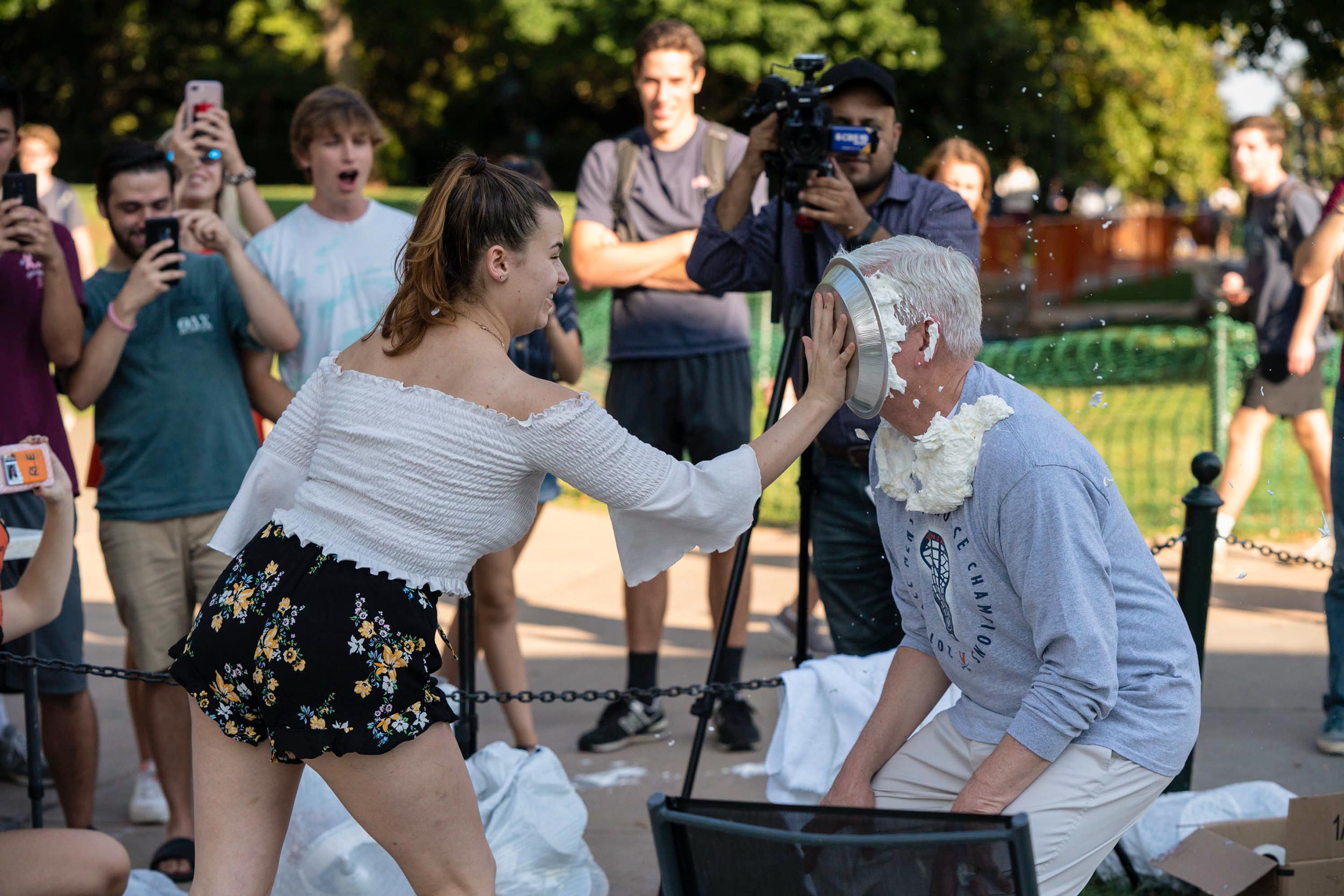 Lilly Massey pies Dean Groves in the face