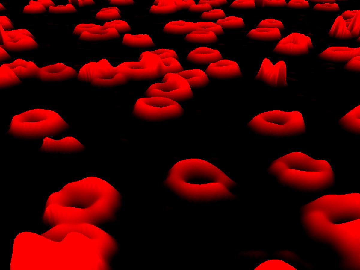 Digital holographic microscopy image of red plump circled red blood cells. 