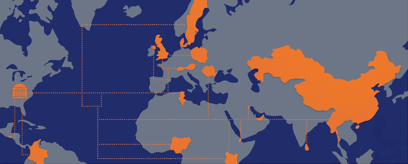 Illustration of the world with certain countries in orange and dotted orange lines connecting them all