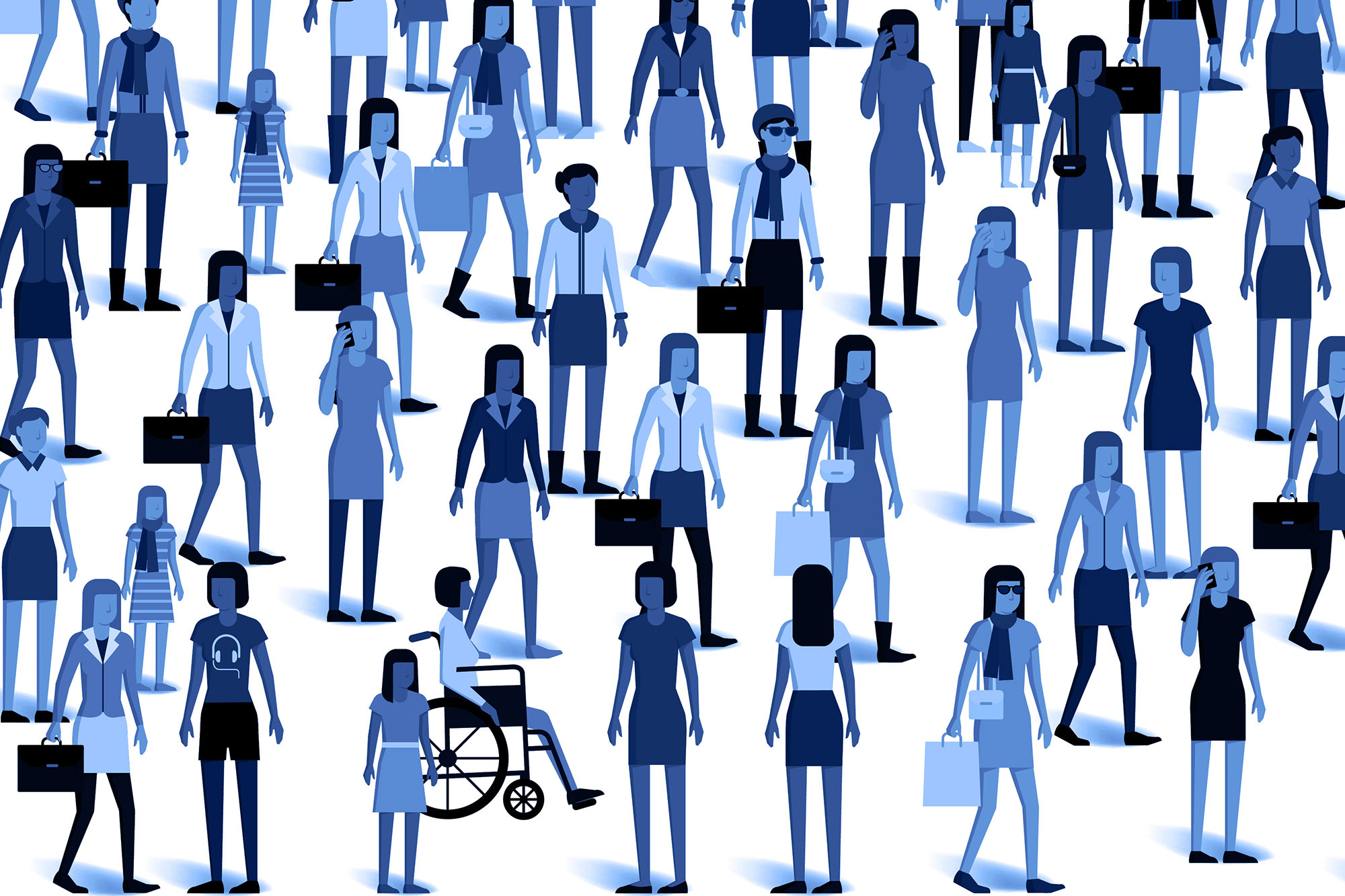 Illustration of people walking carrying briefcases, talking on cell phones, and in wheelchairs