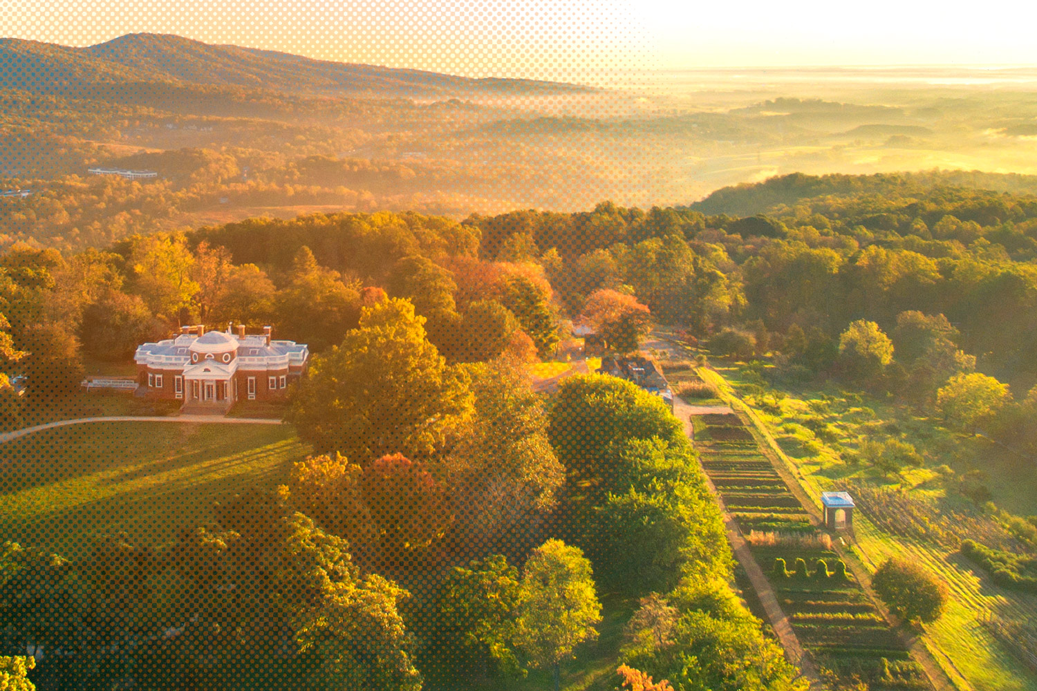 Aerial view of the Monticello and its grounds