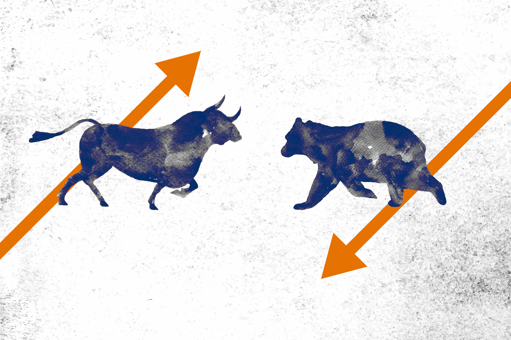 Illustration of a bull and a bear fighting.  Orange up arrow is behind the bull and an orange down arrow is behind the bear