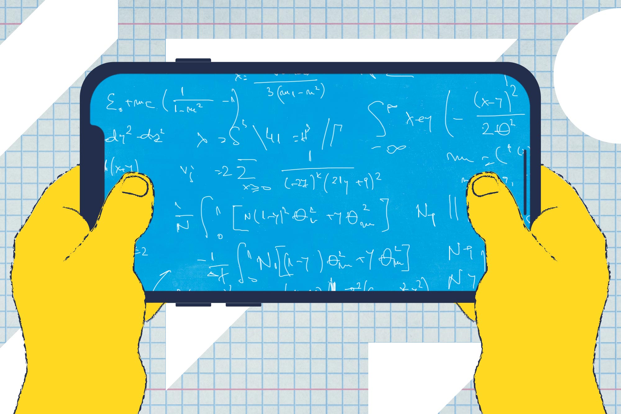 Drawing of yellow hands holding a phone that has mathematical equations on it.