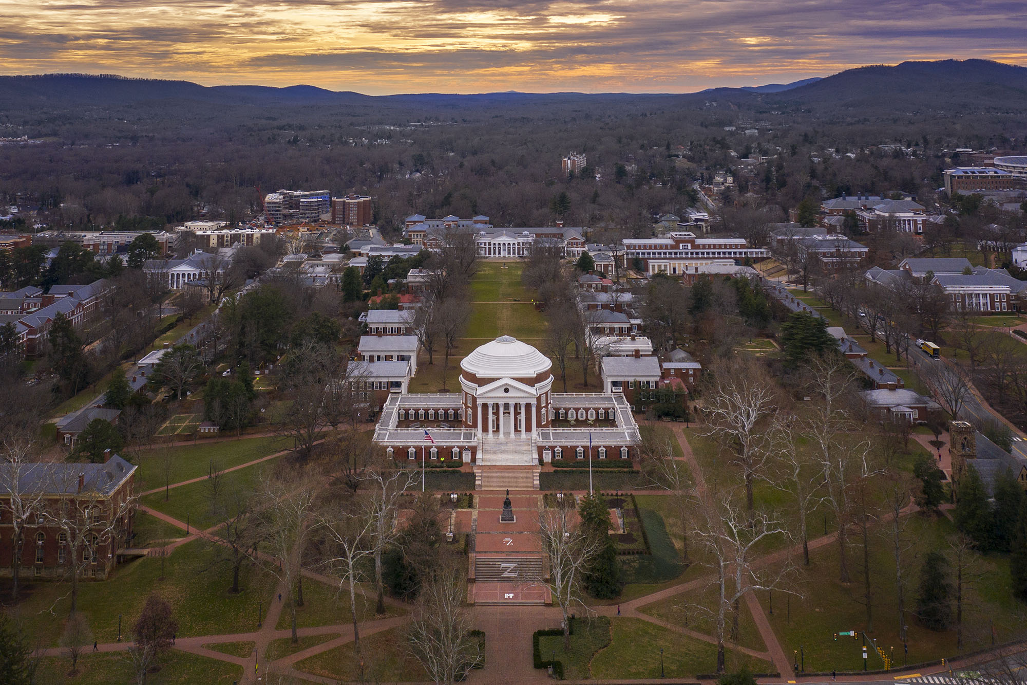 Arial view of the Rotunda at sunset on a cloudy day