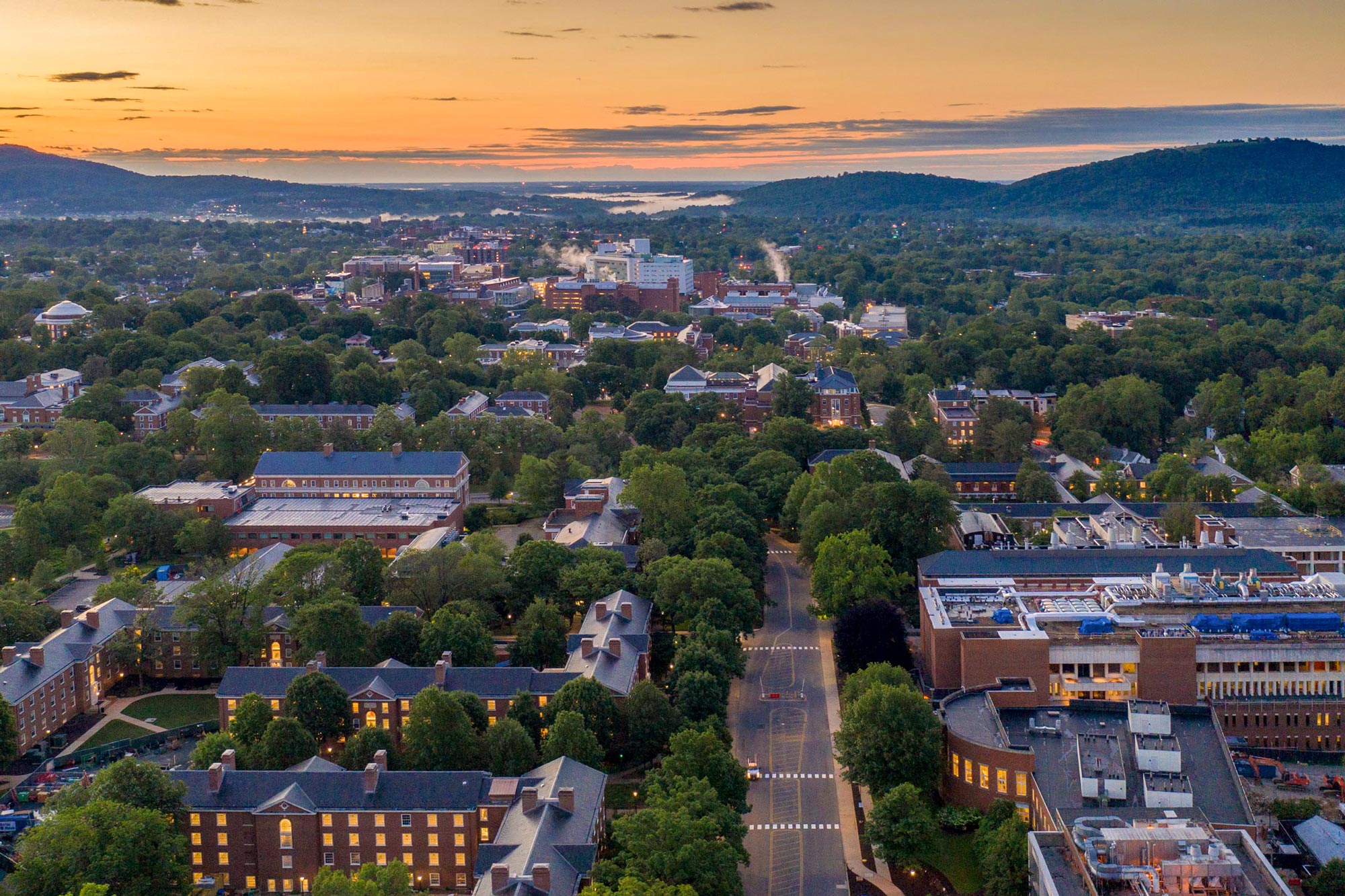 Arial View of Charlottesville with a orange sunset