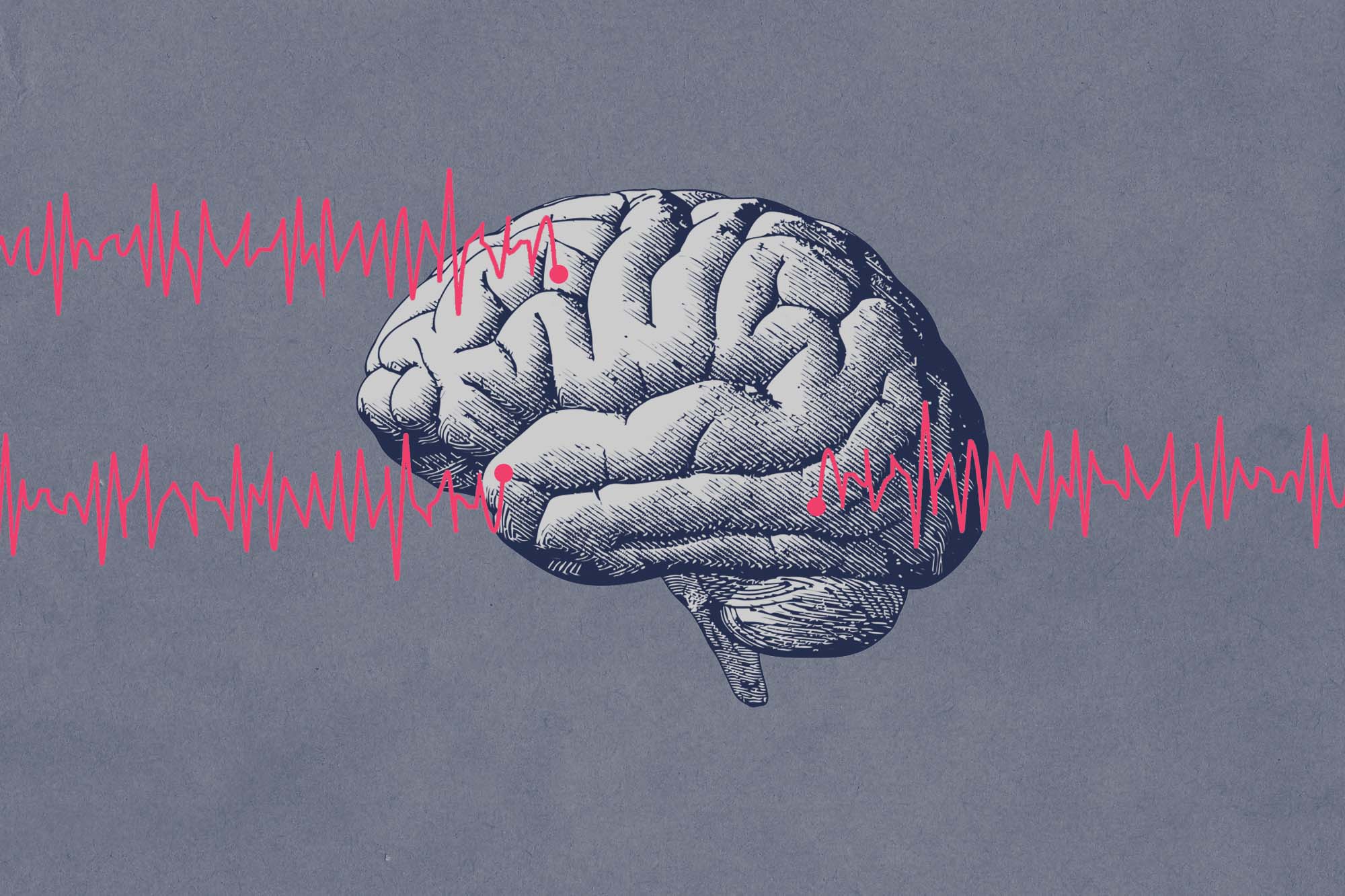 Illustration of a brain with brain waves going to and from it across the image