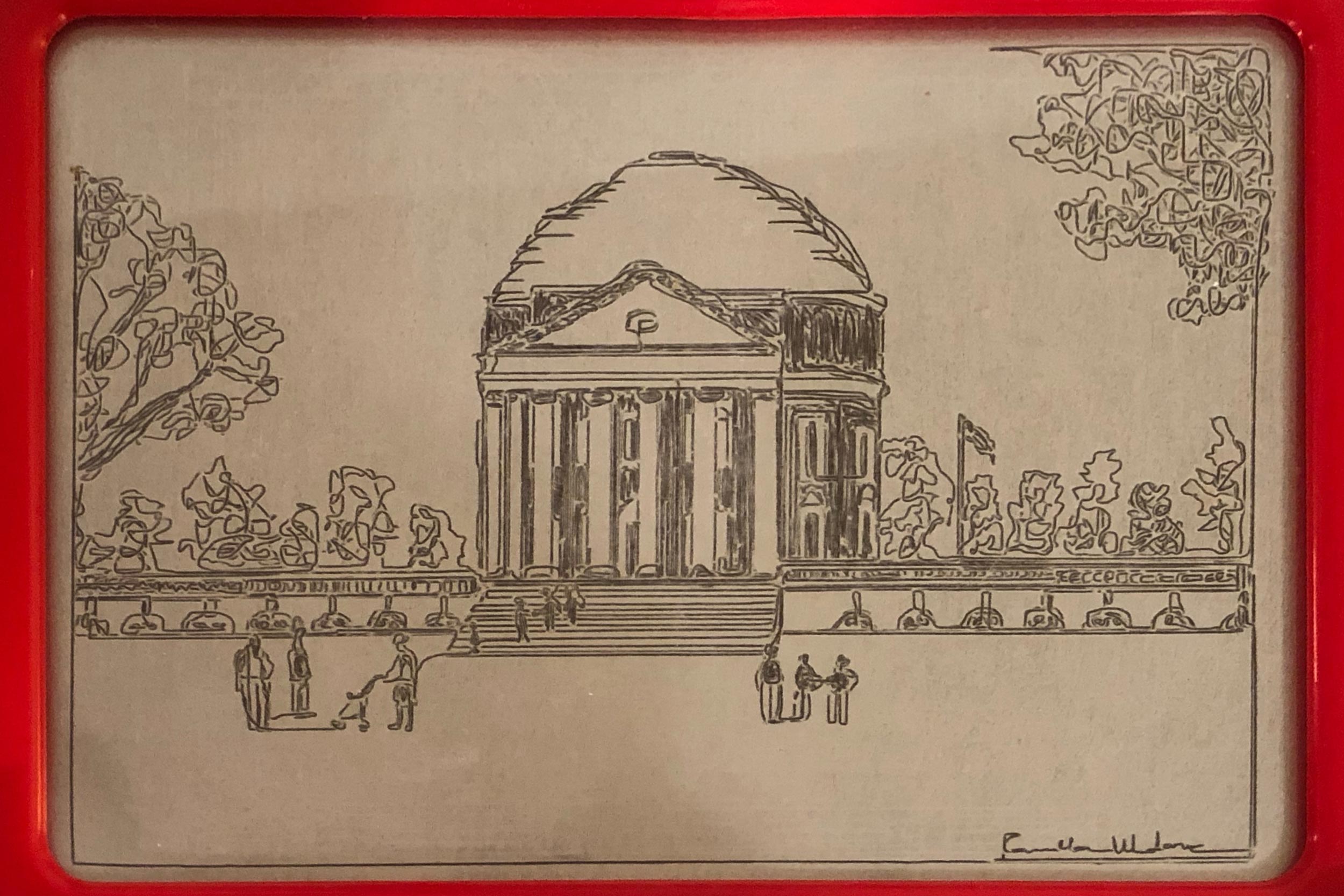 Drawing on an etch a sketch of the Rotunda 