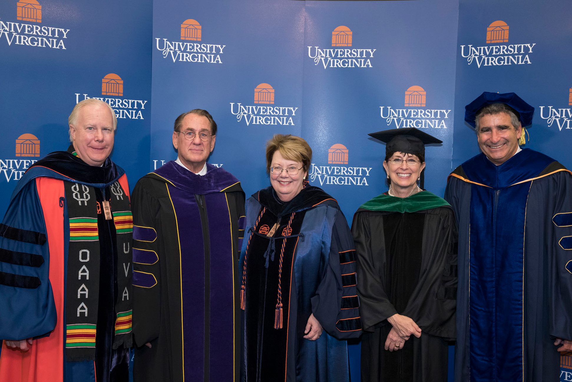 President Teresa Sullivan, center, is flanked by John Jeffries and Karen Rheuban, with Rector Frank “Rusty” Conner III, left, and Provost Thomas Katsouleas