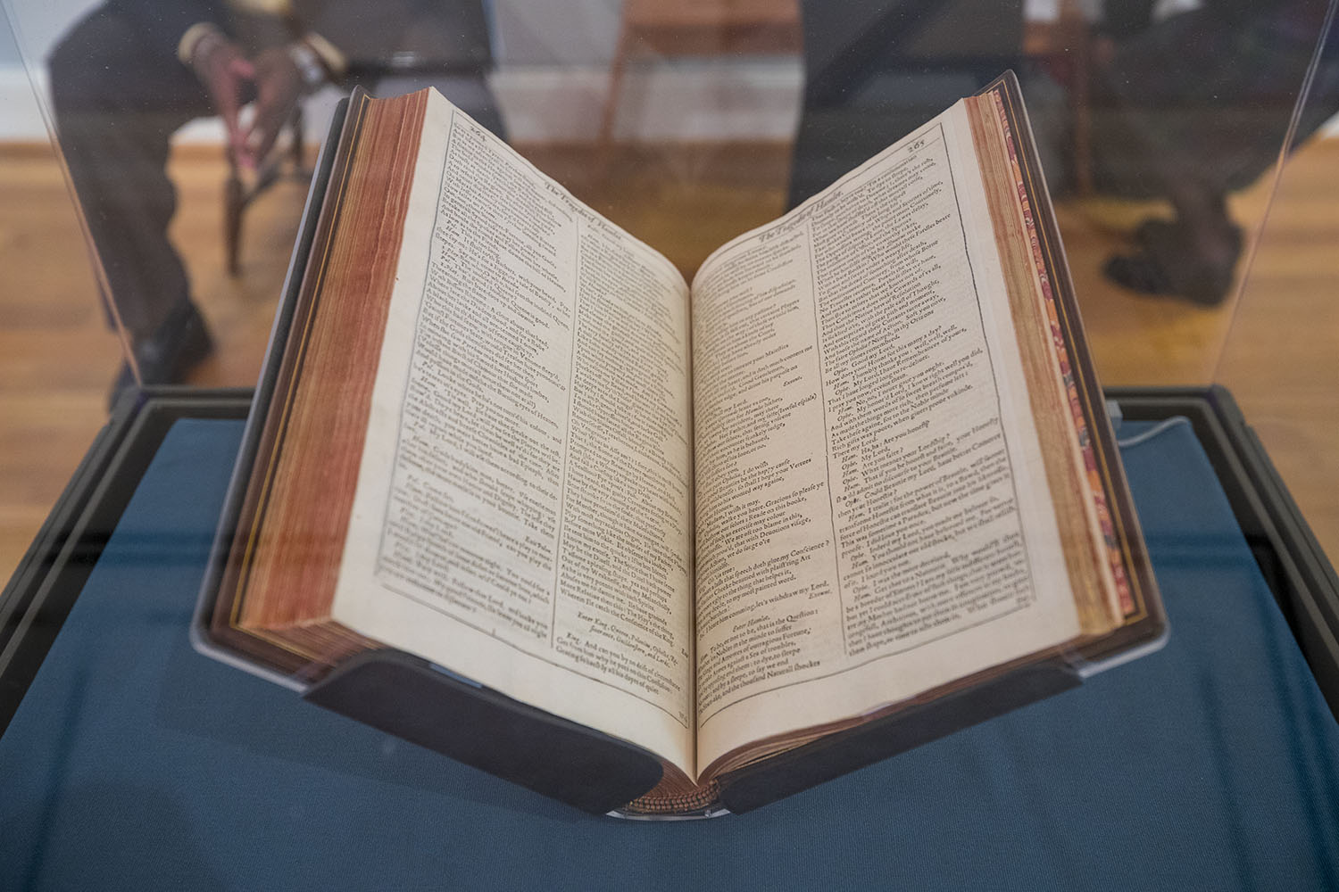The First Folio – opened on a stand in a glass case