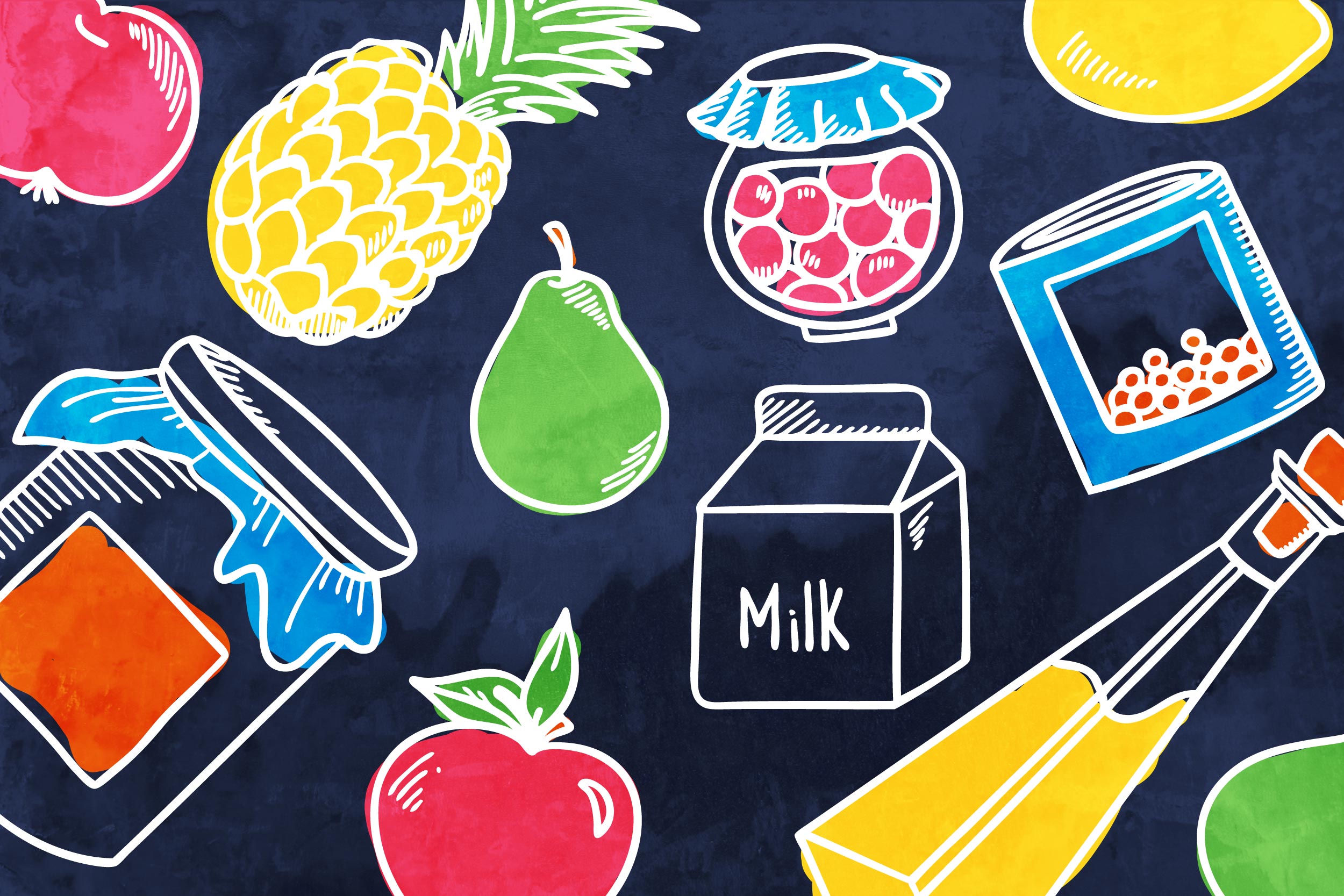Illustration of various food items such as pear, pineapple milk, apples, etc.