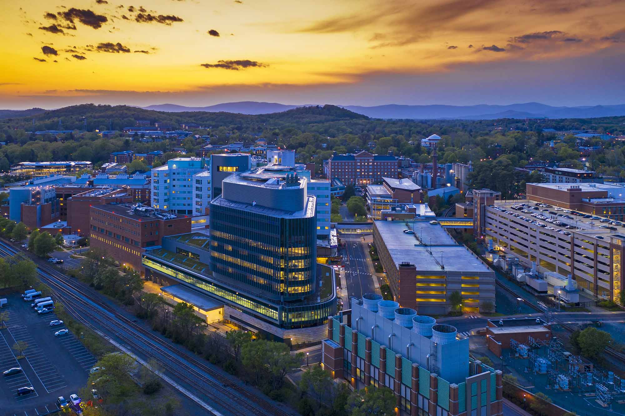 Arial View of the hospital at sunset.