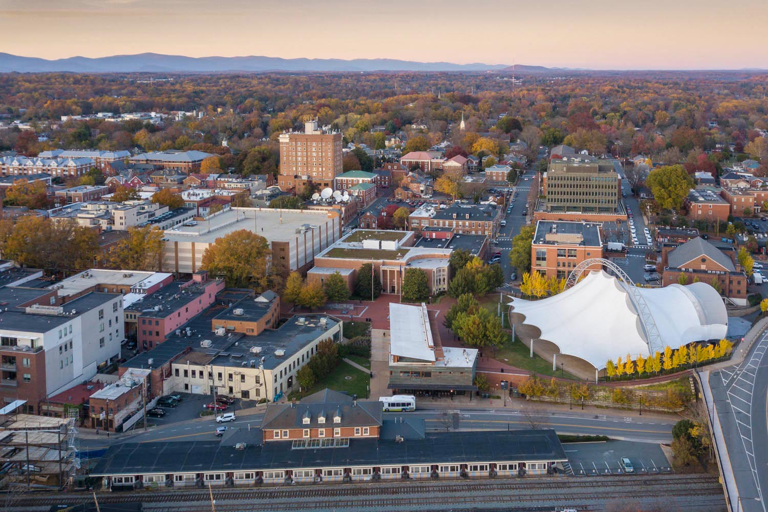 Aerial view of downtown Charlottesville