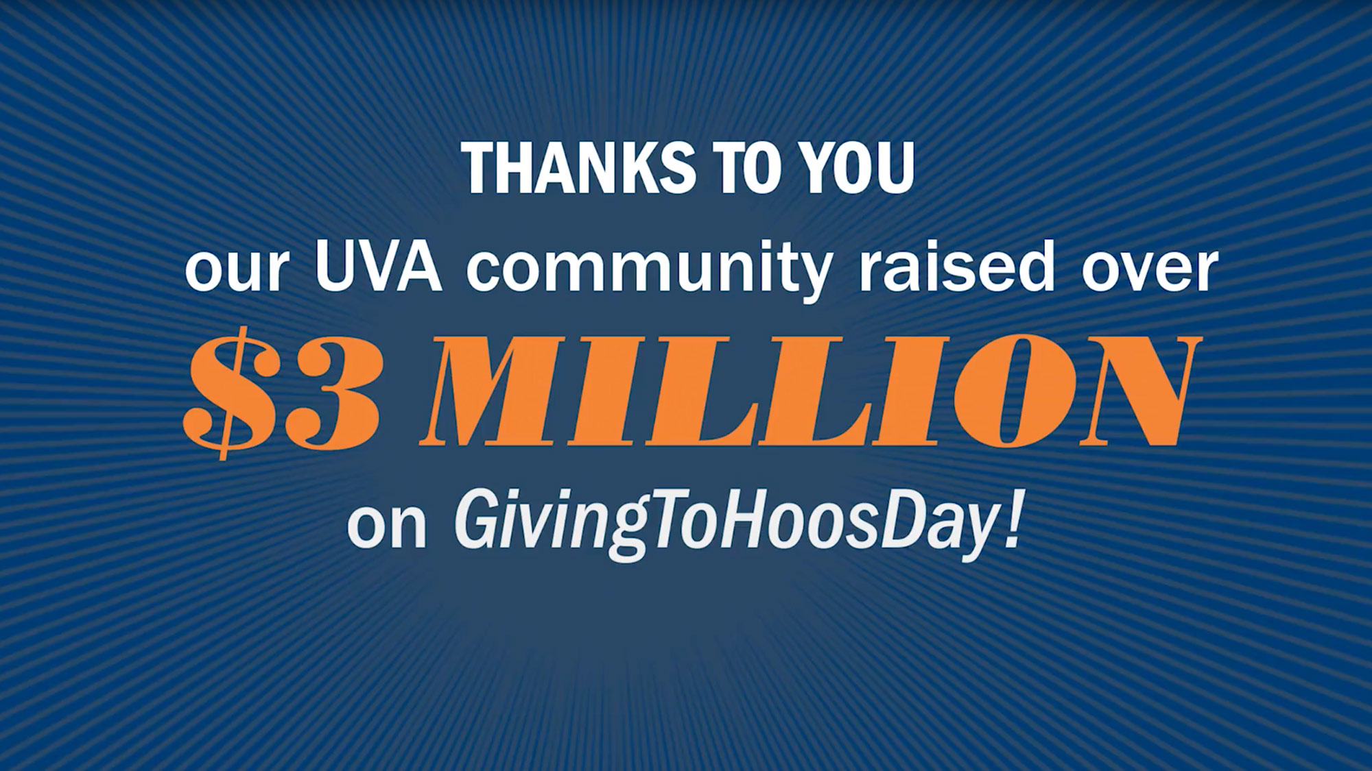 text reads: Thanks to you out UVA community raised over $3 million on GivingToHoosDay!