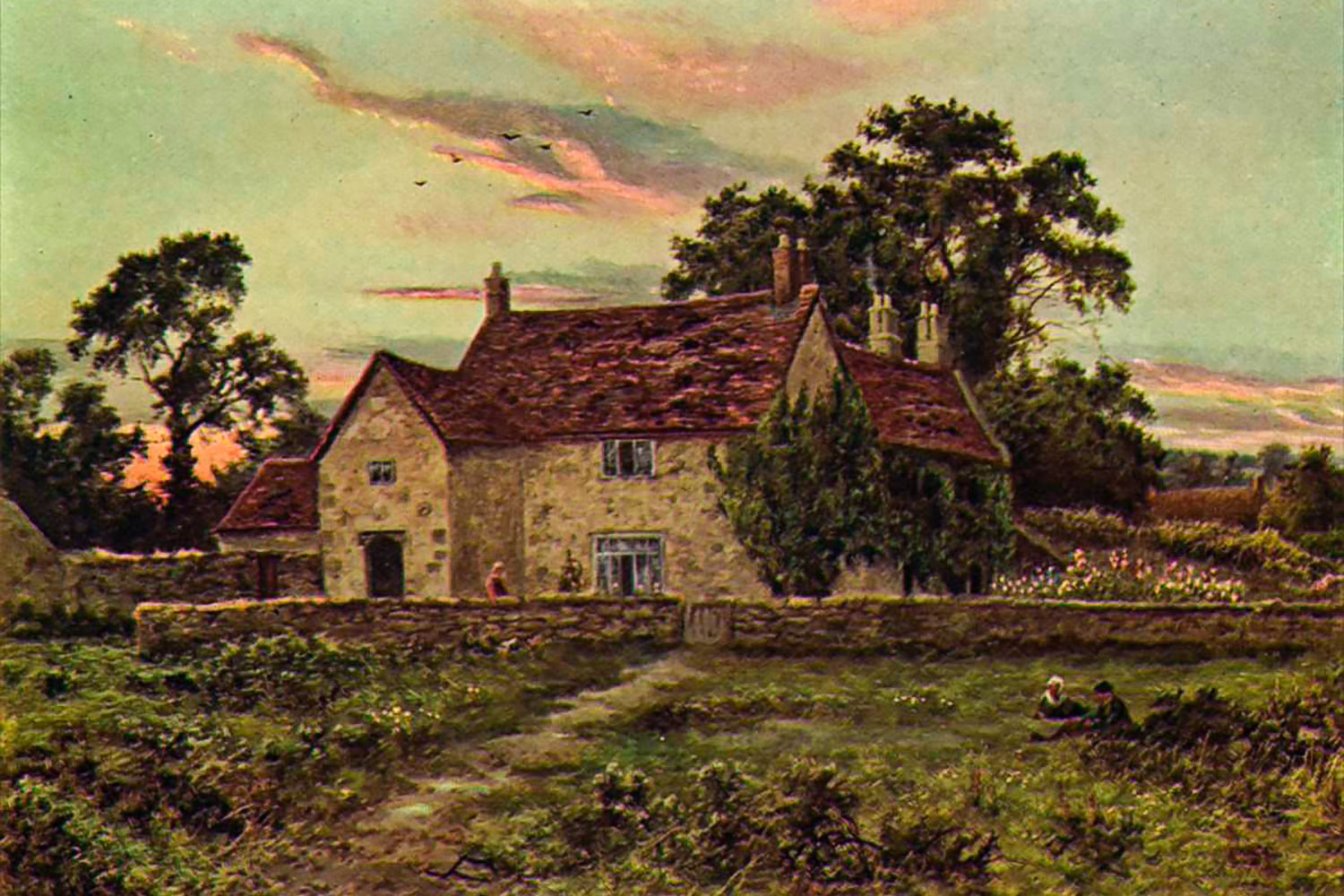 Painting of a stone two story home with a stone wall in front and a field