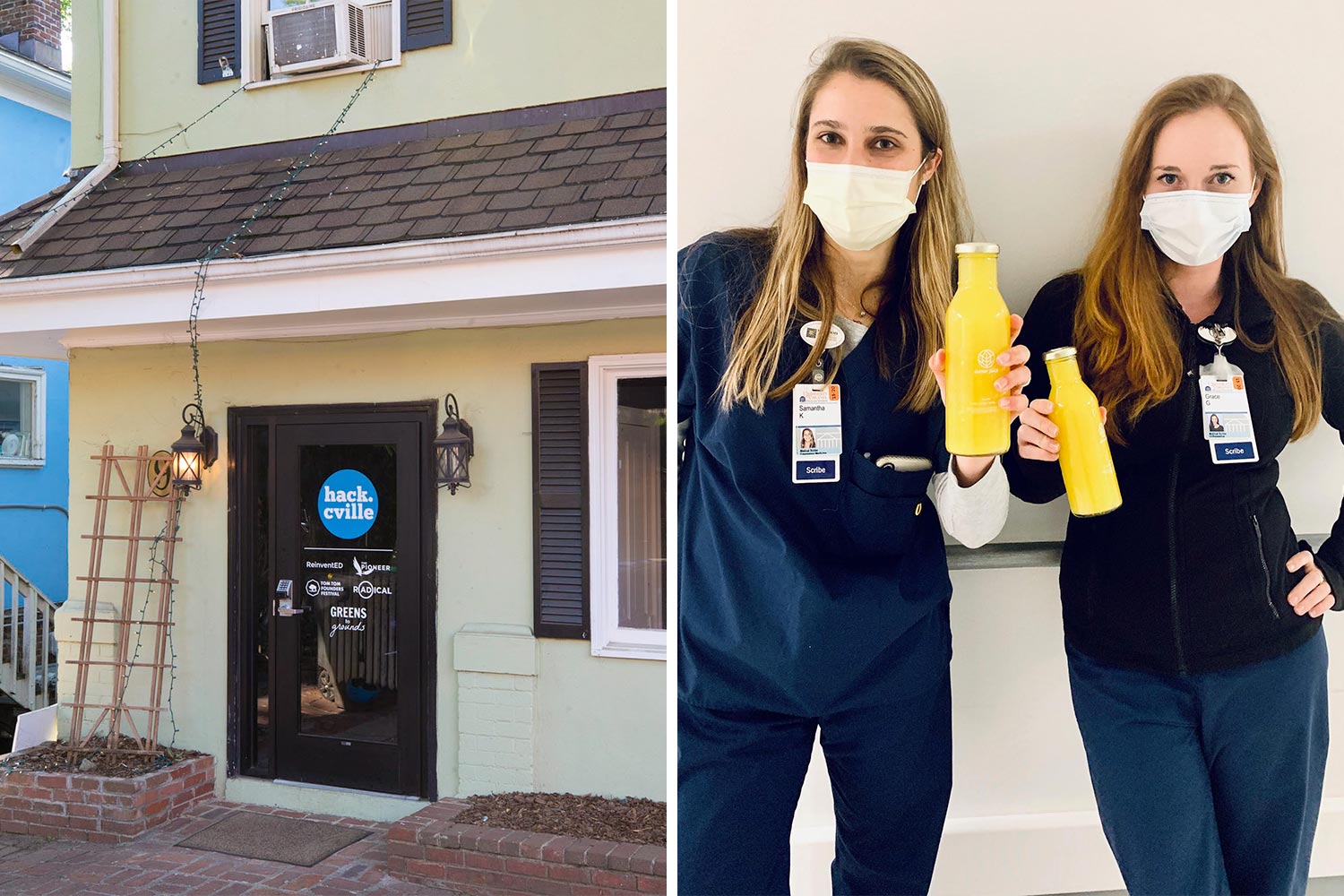 Left: business door that reads Hack. cville. Right: to UVA workers holding yellow beverages posing for the camera