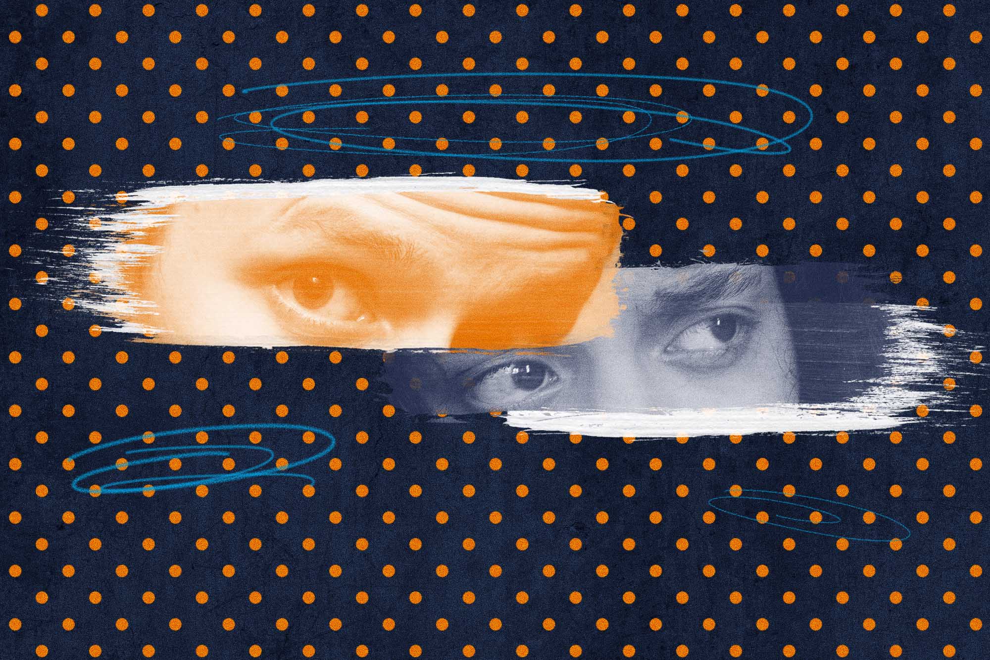 Illustration of a orange polka dot background with to faces where you can only see their eyes