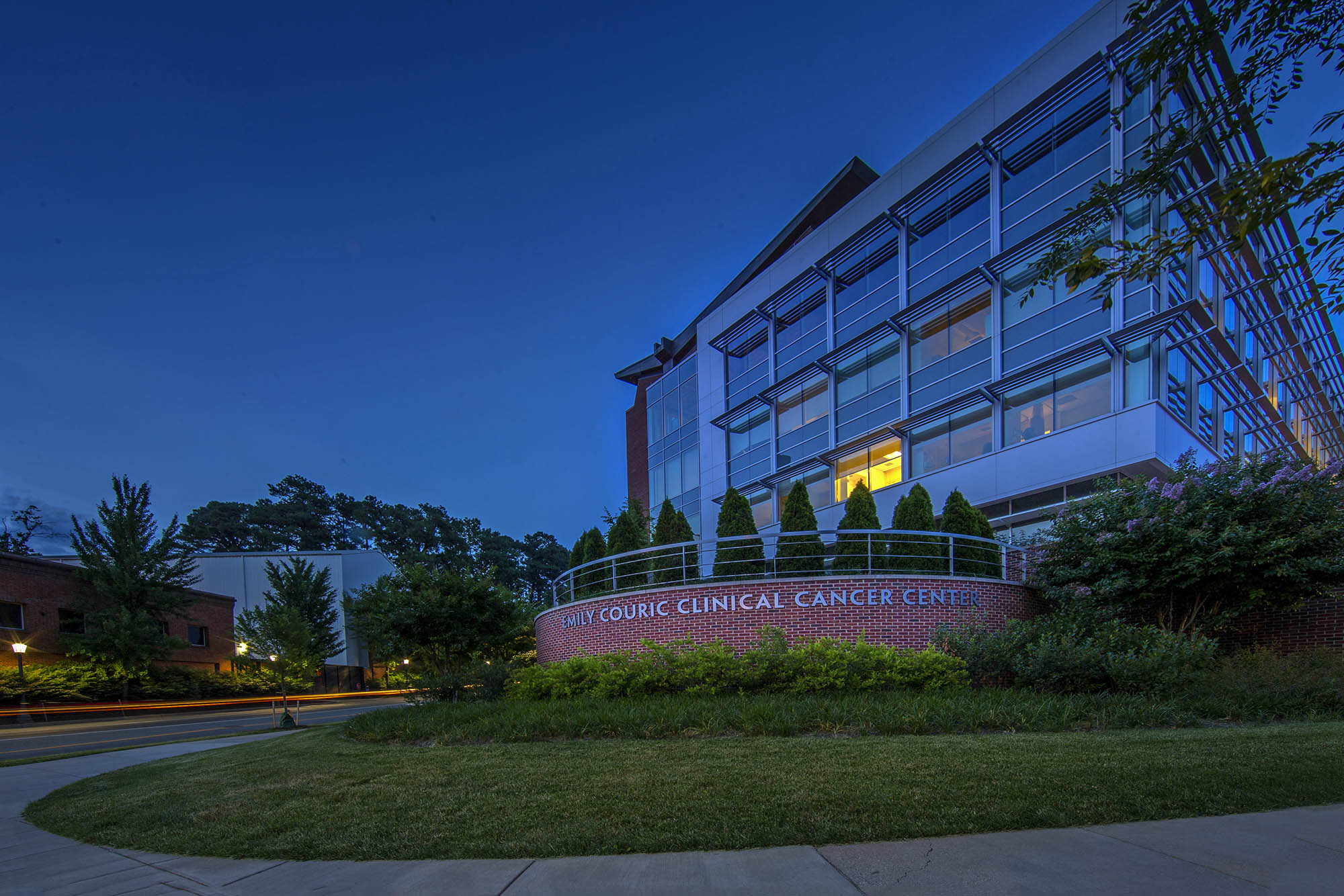 View of the Emily Couric Clinical Cancer Center at dark