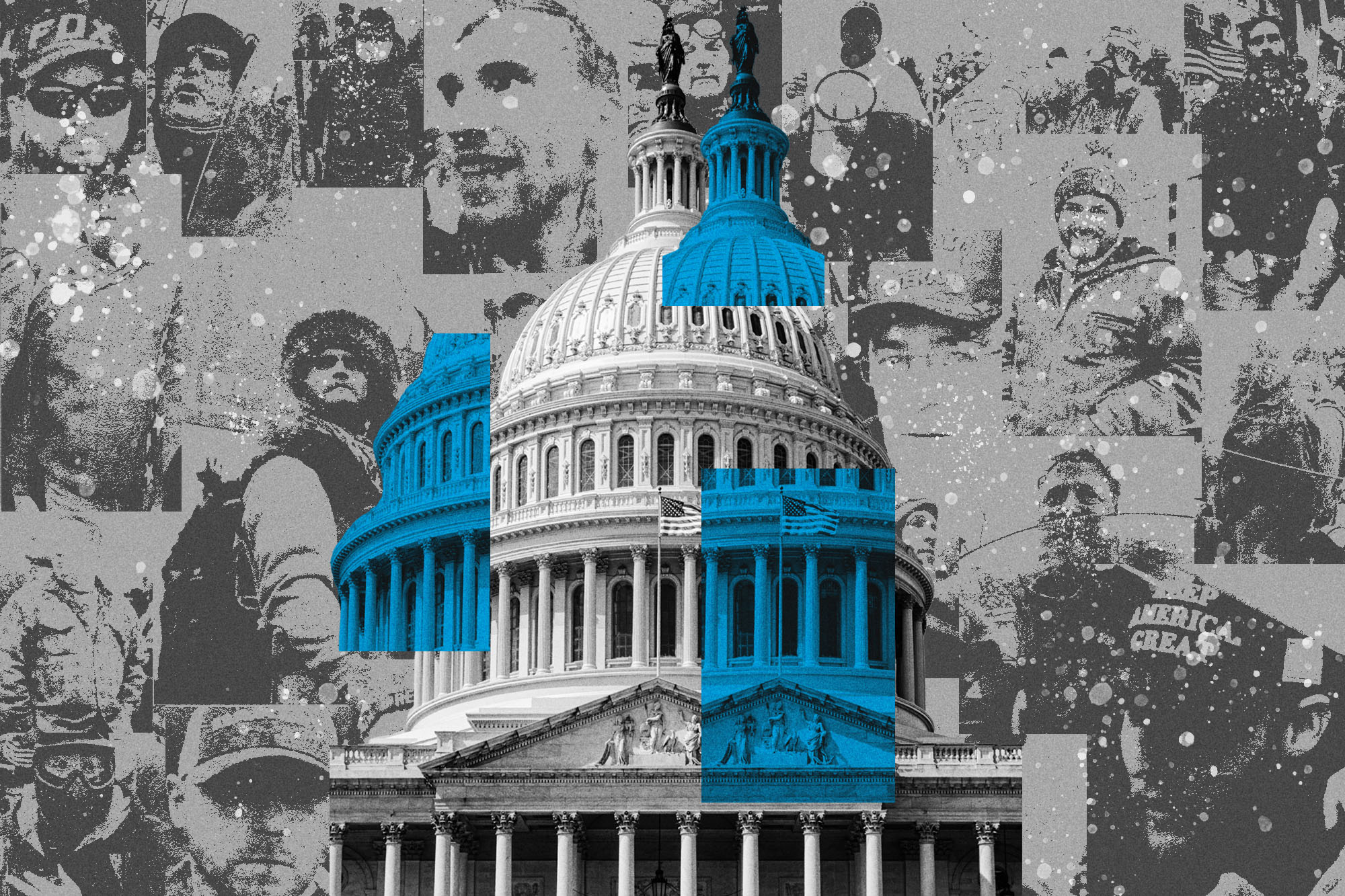 Collage of  images of peoples faces and the US capitol with pieces of it in a blue overlay