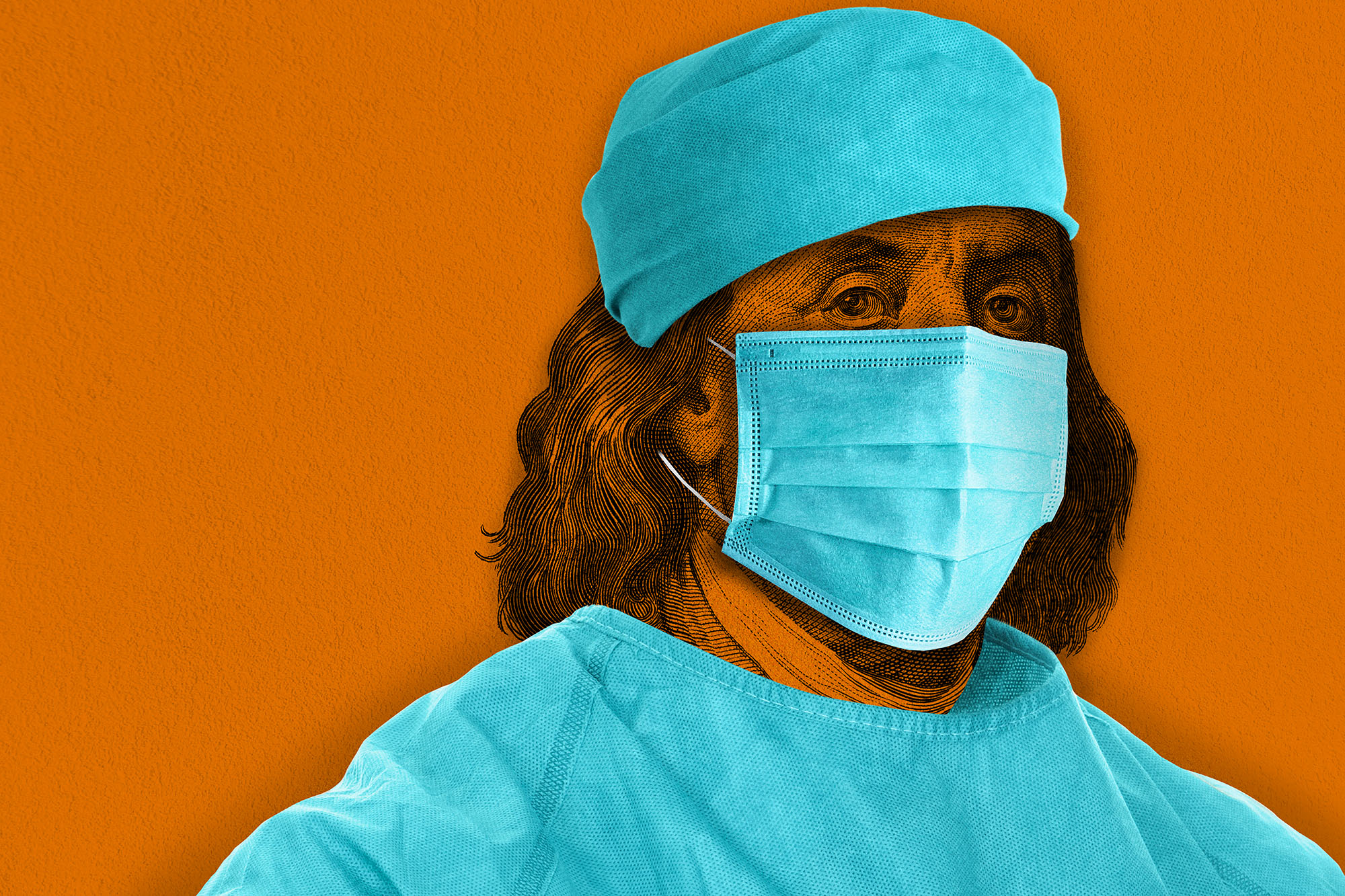 Illustration of Ben Franklin in a surgery hat, mask, and cover