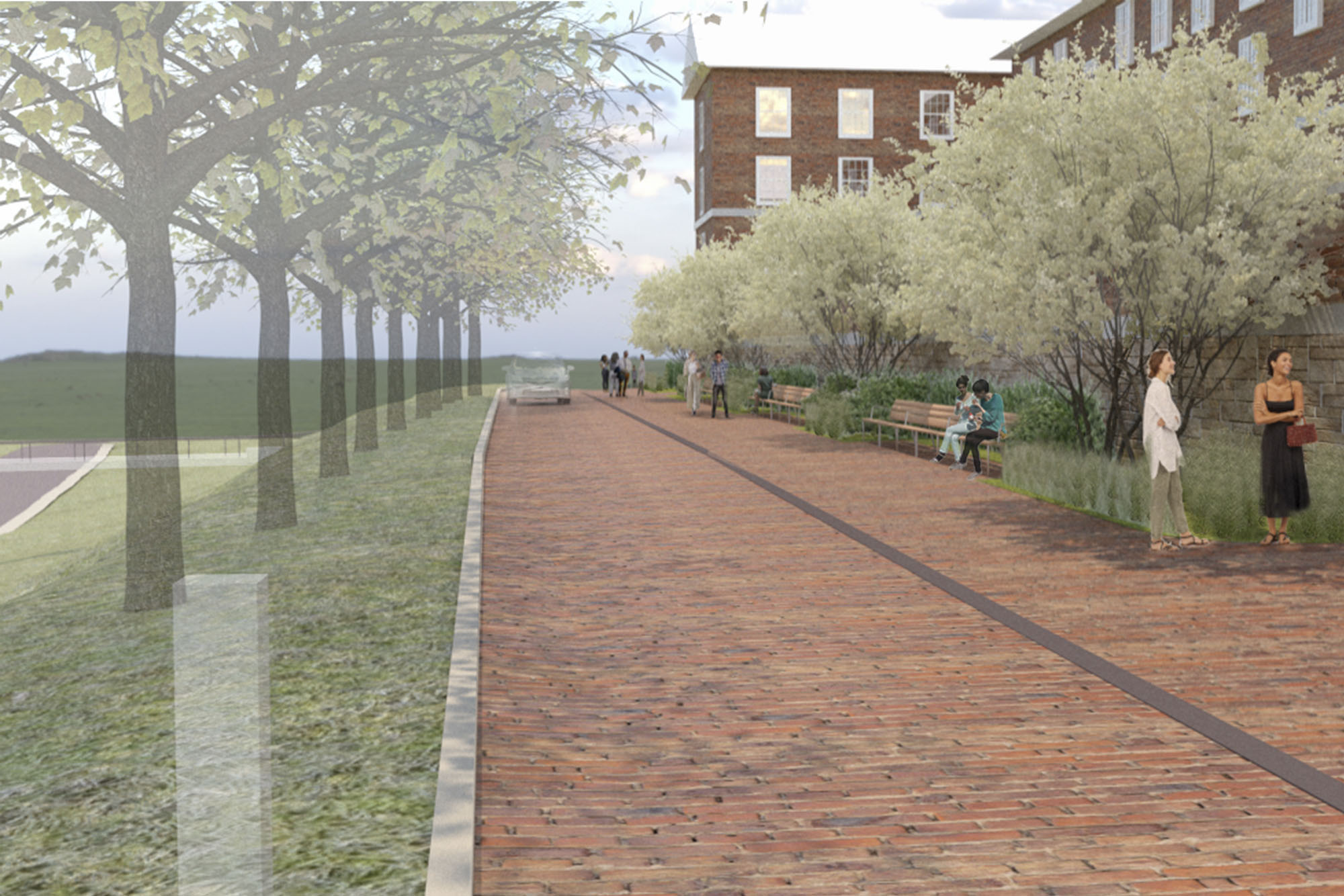 computer illustration of Newcomb road turning into a pedestrian-friendly walkway