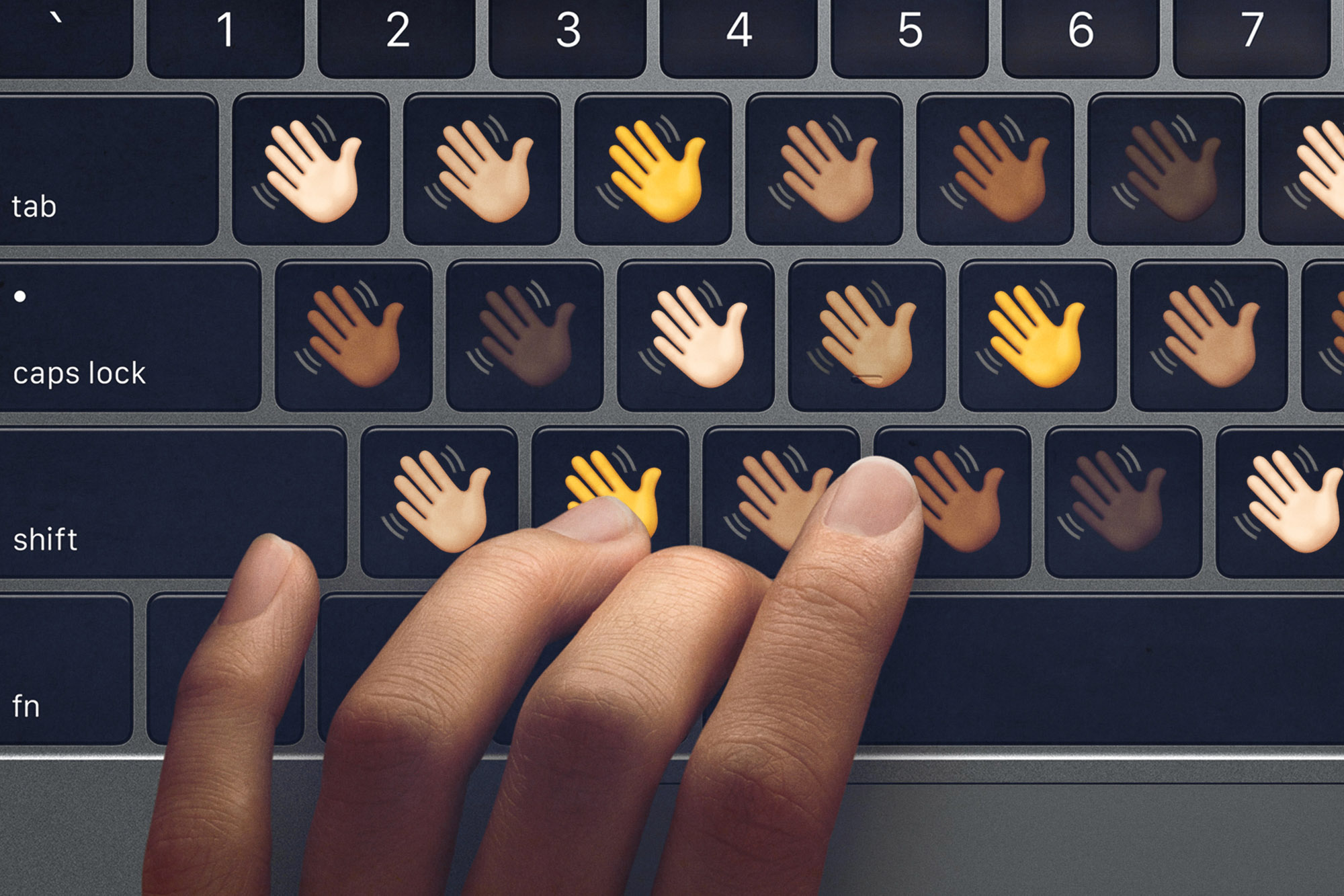 Person using a keyboard but all letter keys are waving hands emoji's of different skin tones