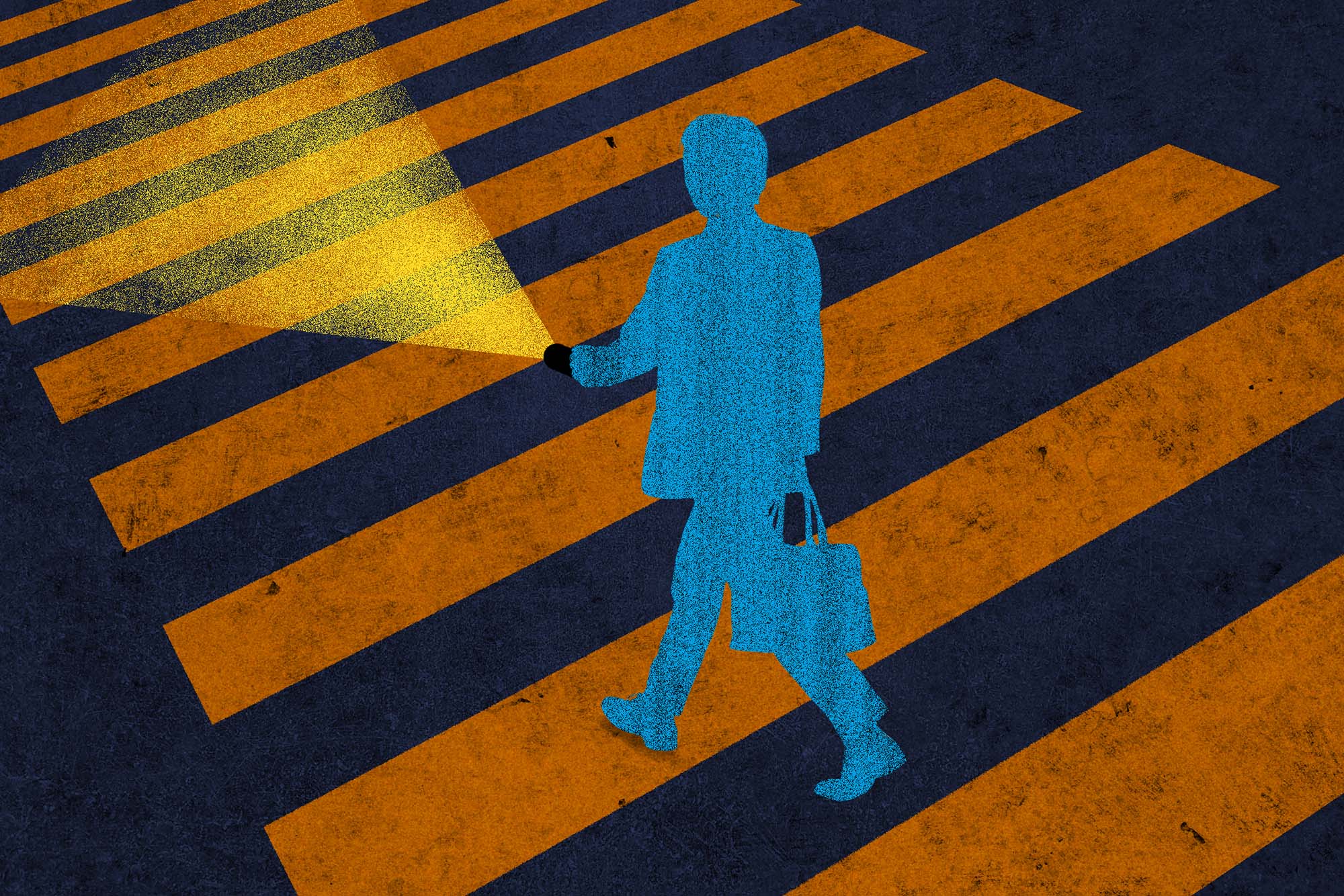 illustration of person in crosswalk with flashlight on carrying a bag.