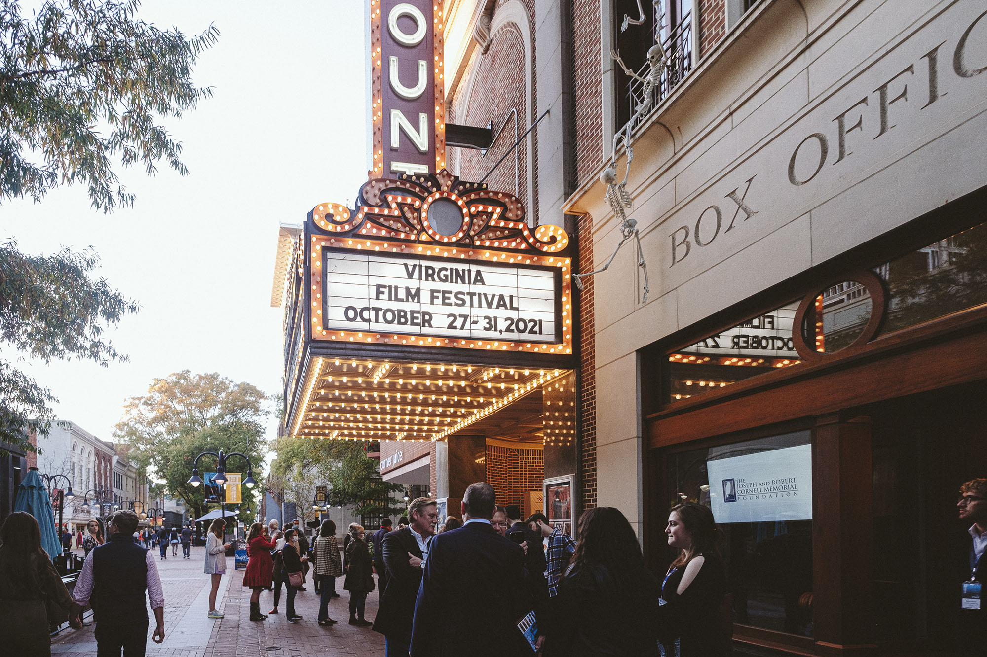 Downtown Charlottesville Theatre sign that says Virginia Film Festival October 27-31, 2021