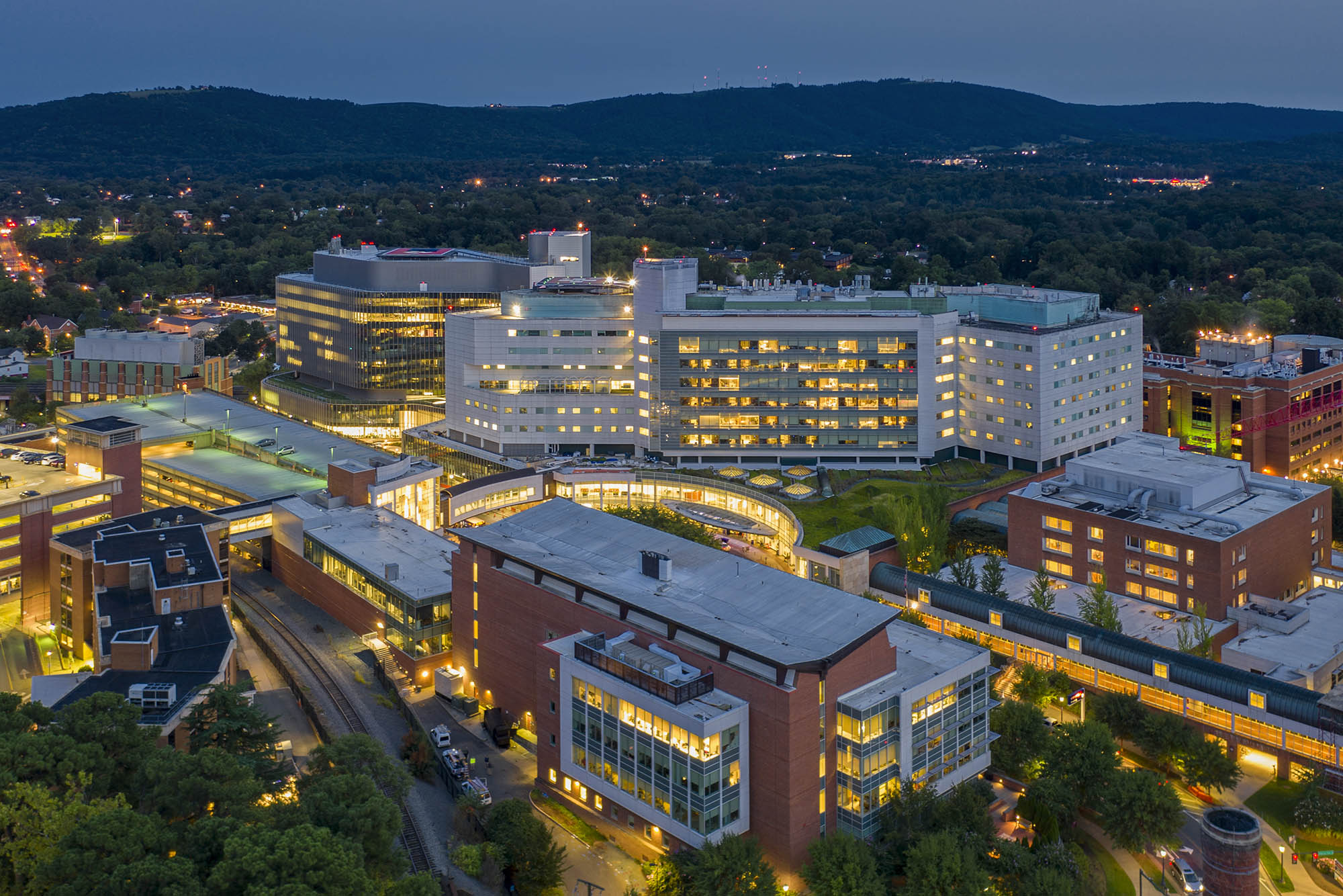 Aerial view of the UVA Health Center Buildings at night