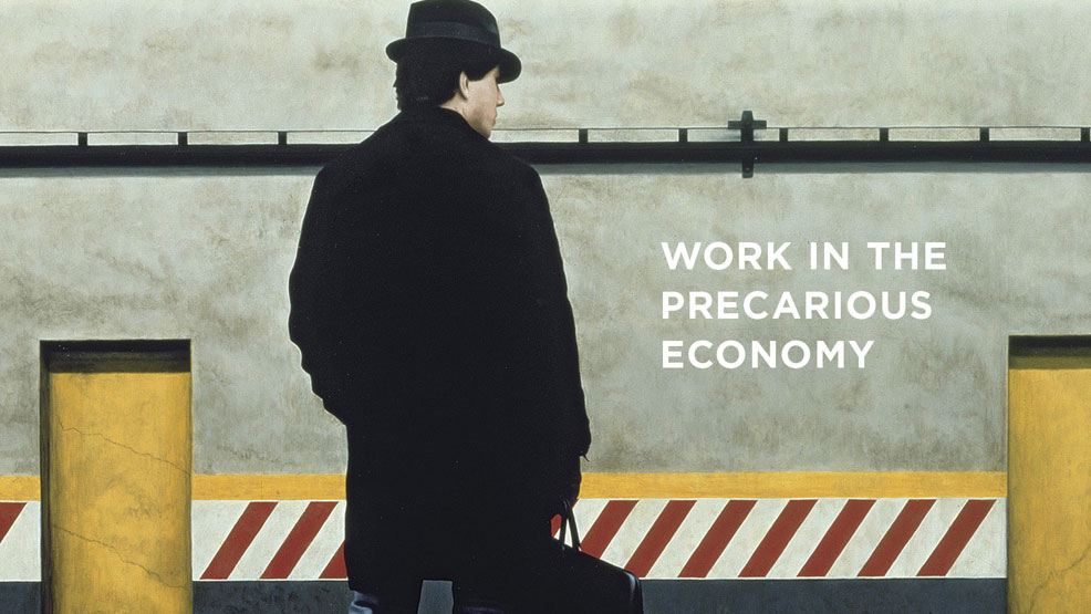 Man holding a breifcase waiting on a subway with the text: Work in the precarious economy