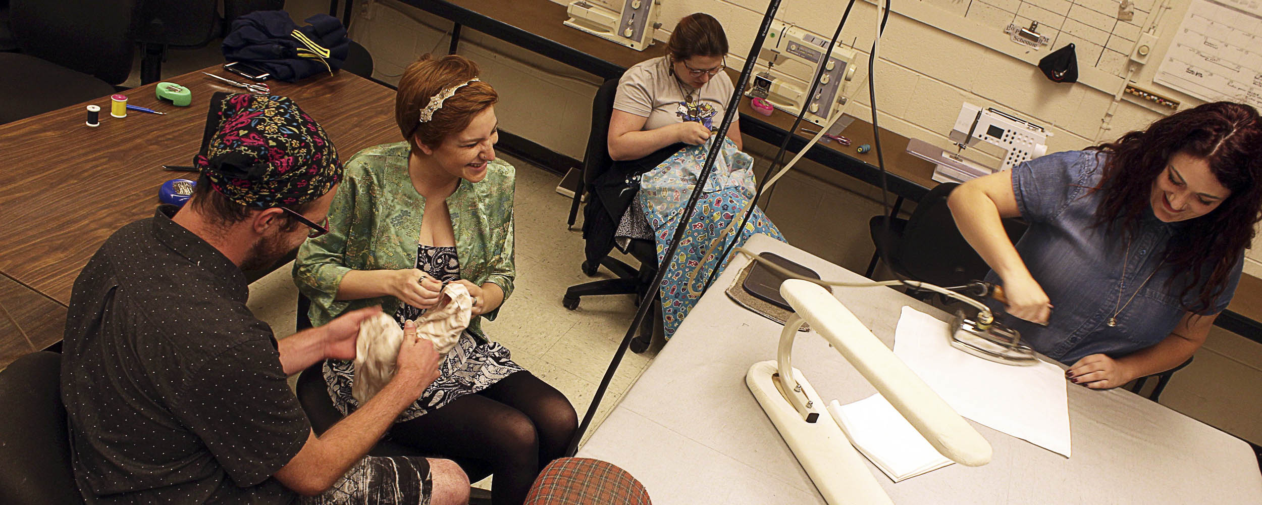 Members of the Heritage Theatre Festival’s costume shop at work: From left to right,  Joseph Musgrove,  Jessica Utz,  Caitlin Leyden, and Katie Dennis.