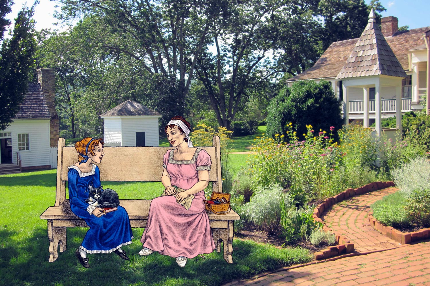 drawing of James Monroes wife and granddaughter sitting on a bench in a garden
